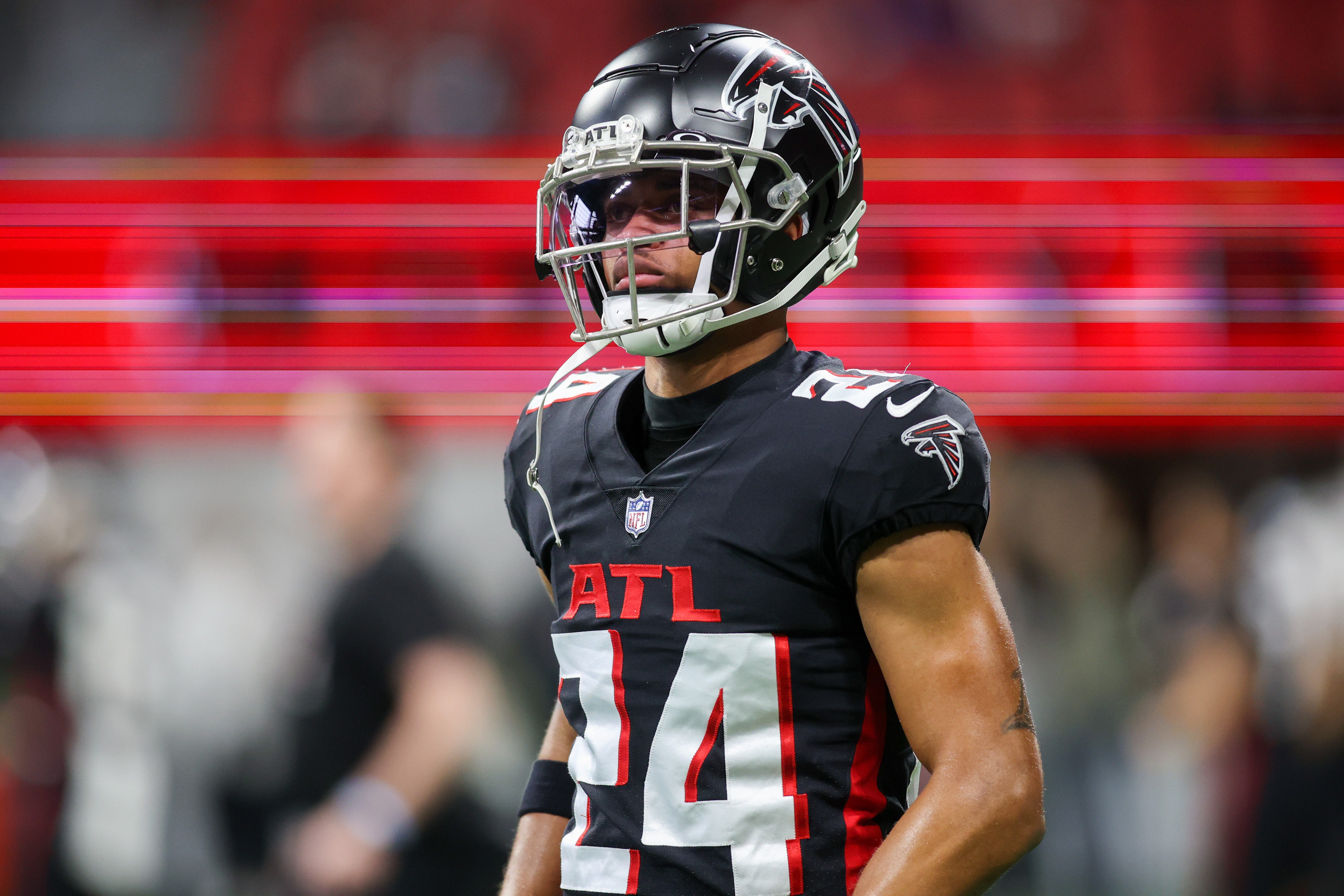 Atlanta Falcons cornerback A.J. Terrell (24) before a game against the Tampa Bay Buccaneers at Mercedes-Benz Stadium.