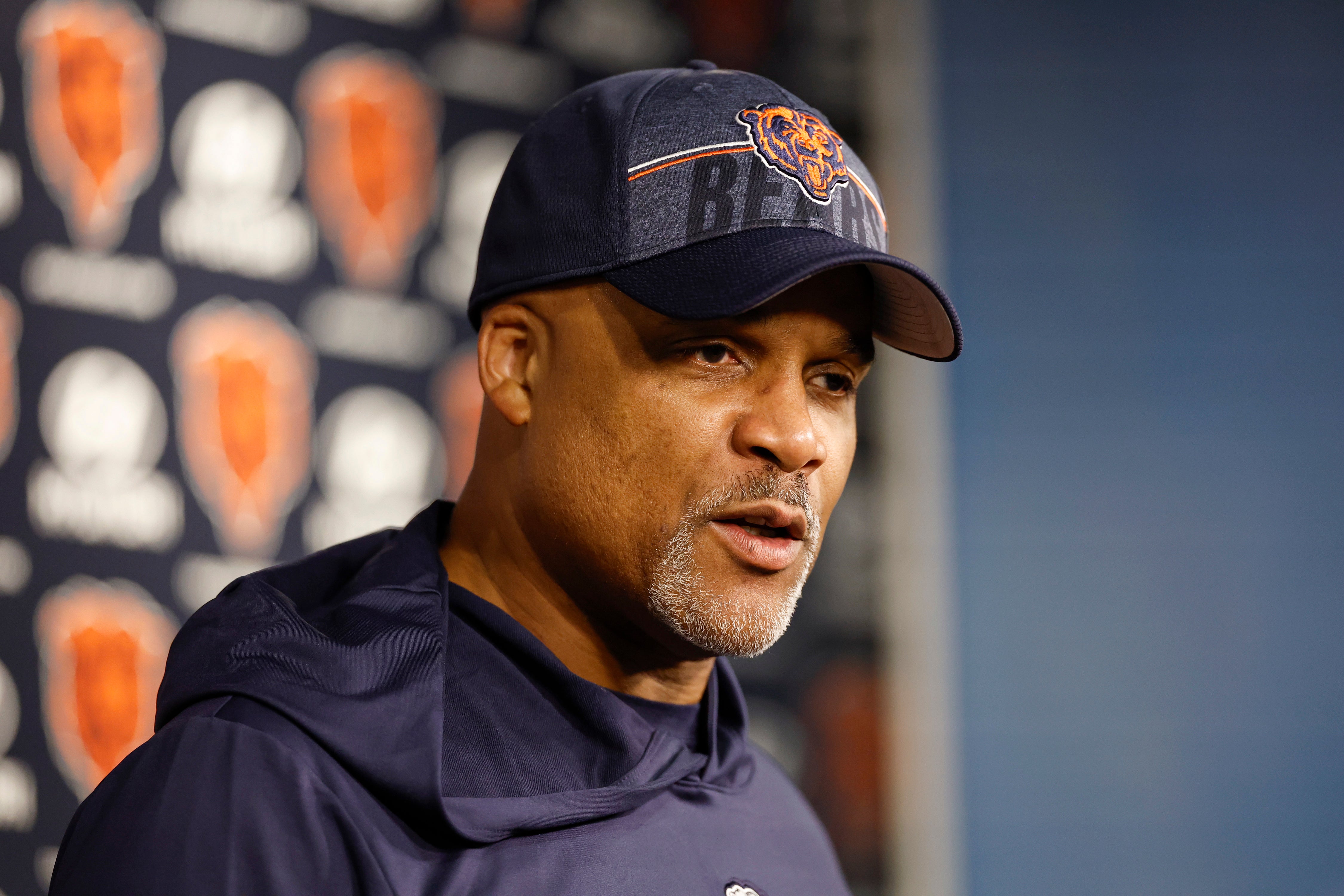 May 23, 2024; Lake Forest, IL, USA; Chicago Bears defensive coordinator Eric Washington speaks during organized team activities at Halas Hall.