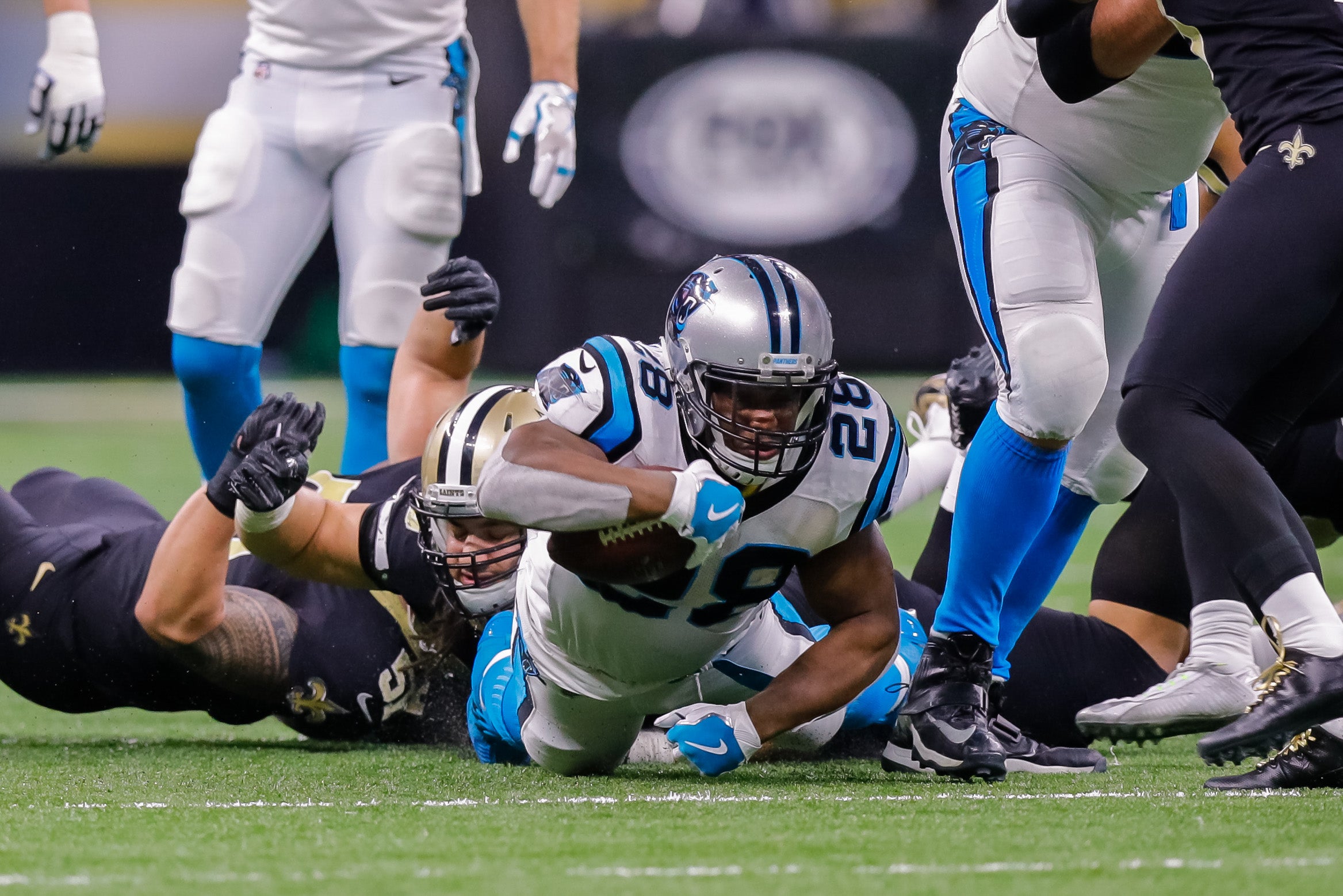 Jan 7, 2018; New Orleans, LA, USA; Carolina Panthers running back Jonathan Stewart (28) dives for an extra yard against New Orleans Saints in the NFC Wild Card playoff football game at Mercedes-Benz Superdome. Mandatory Credit: Stephen Lew-USA TODAY Sports