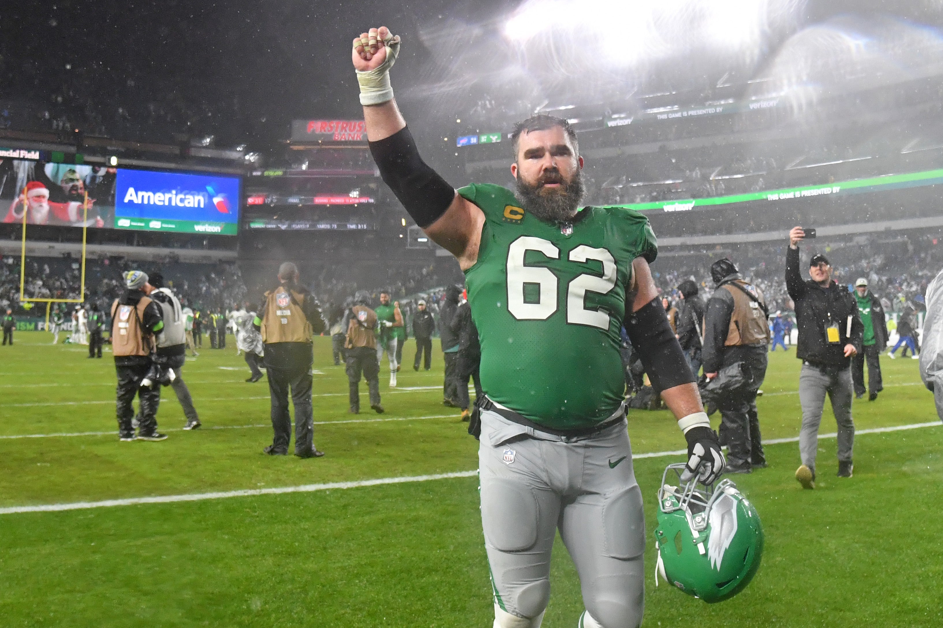 Philadelphia Eagles center Jason Kelce (62) walks off the field after overtime win against the Buffalo Bills at Lincoln Financial Field.