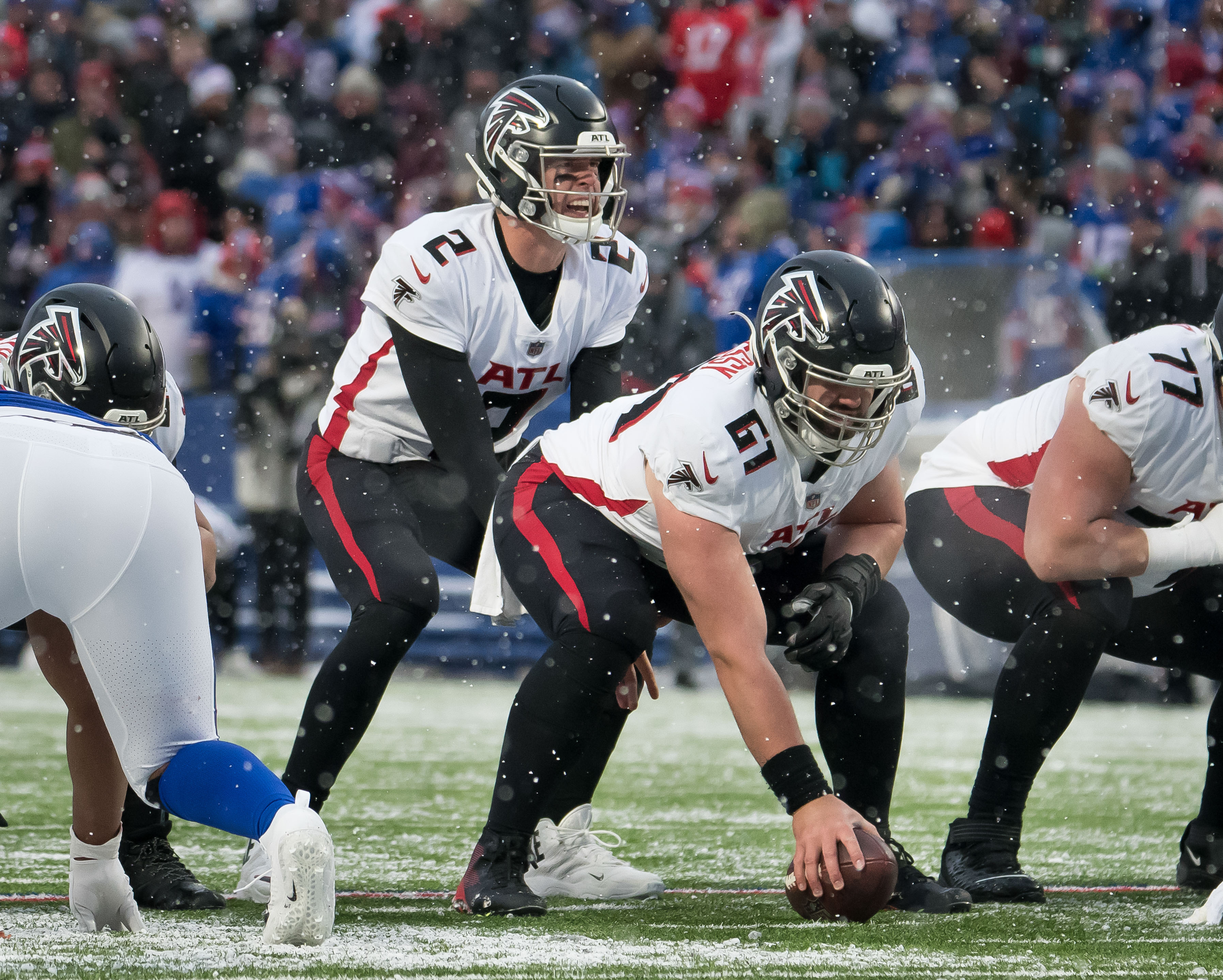 Atlanta Falcons quarterback Matt Ryan (2) and center Matt Hennessy (61) at the line of scrimmage in the fourth quarter against the Buffalo Bills at Highmark Stadium.