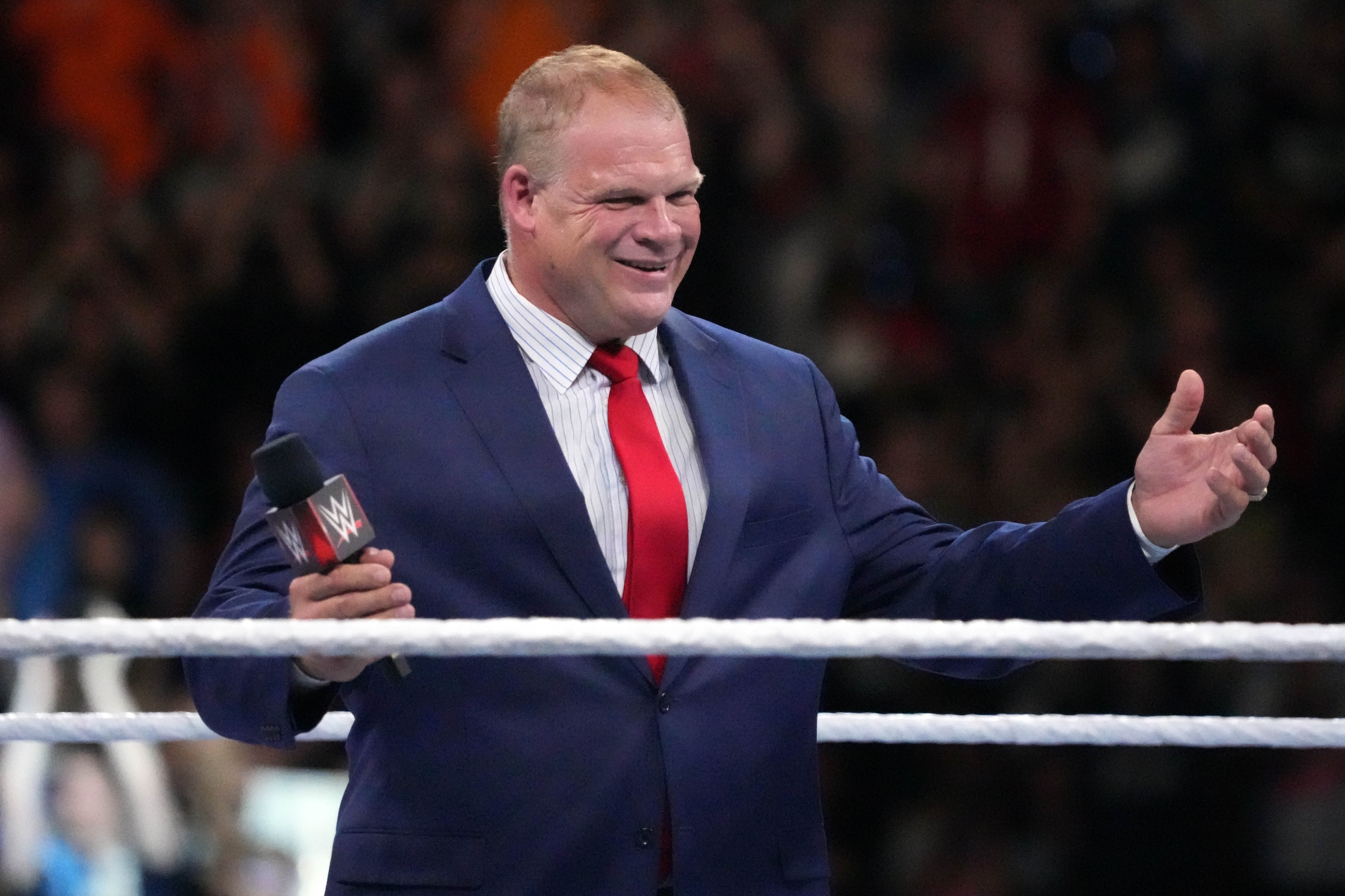 Jul 30, 2022; Nashville, Tennessee, US; Mayor of Knoxville County and WWE Hall of Fame member Glenn Jacobs aka Kane addresses the crowd during SummerSlam at Nissan Stadium.