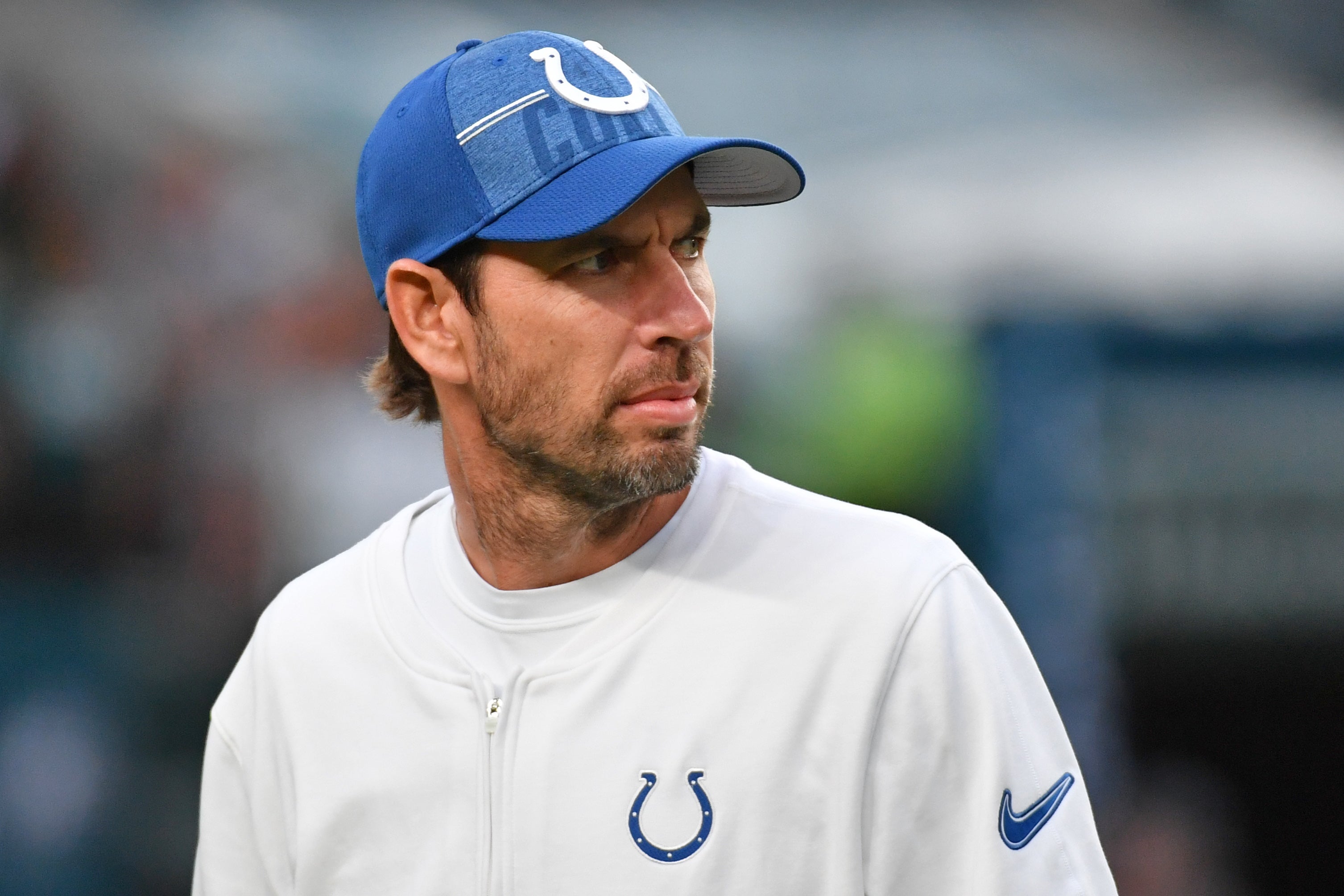 Aug 24, 2023; Philadelphia, Pennsylvania, USA; Indianapolis Colts head coach Shane Steichen against the Philadelphia Eagles during pregame warm-ups at Lincoln Financial Field.