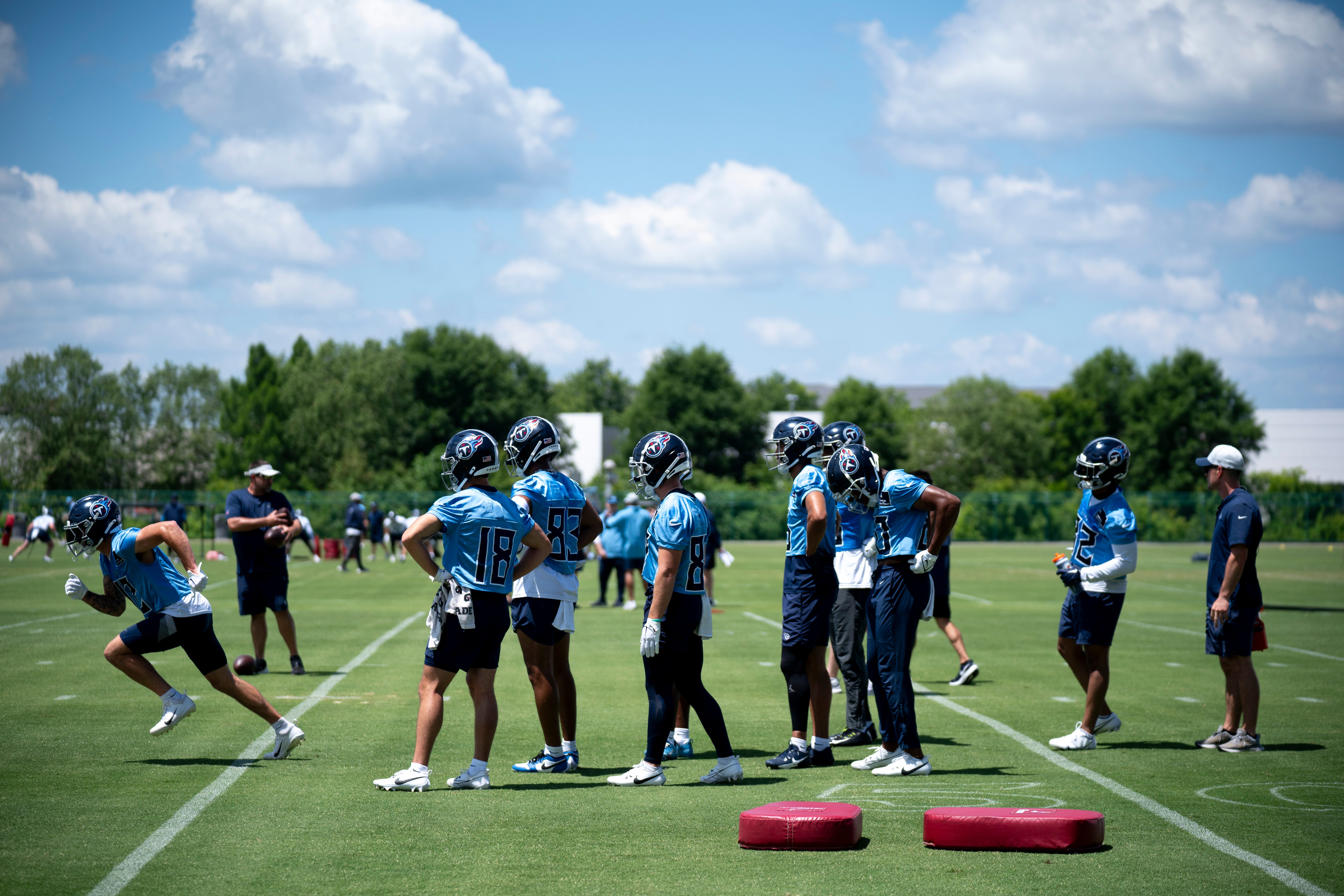 Receivers run drills during the Tennessee Titans mandatory mini-camp at Ascension Saint Thomas Sports Park in Nashville, Tenn., Thursday, June 6, 2024 Denny Simmons / The Tennessean-USA TODAY NETWORK