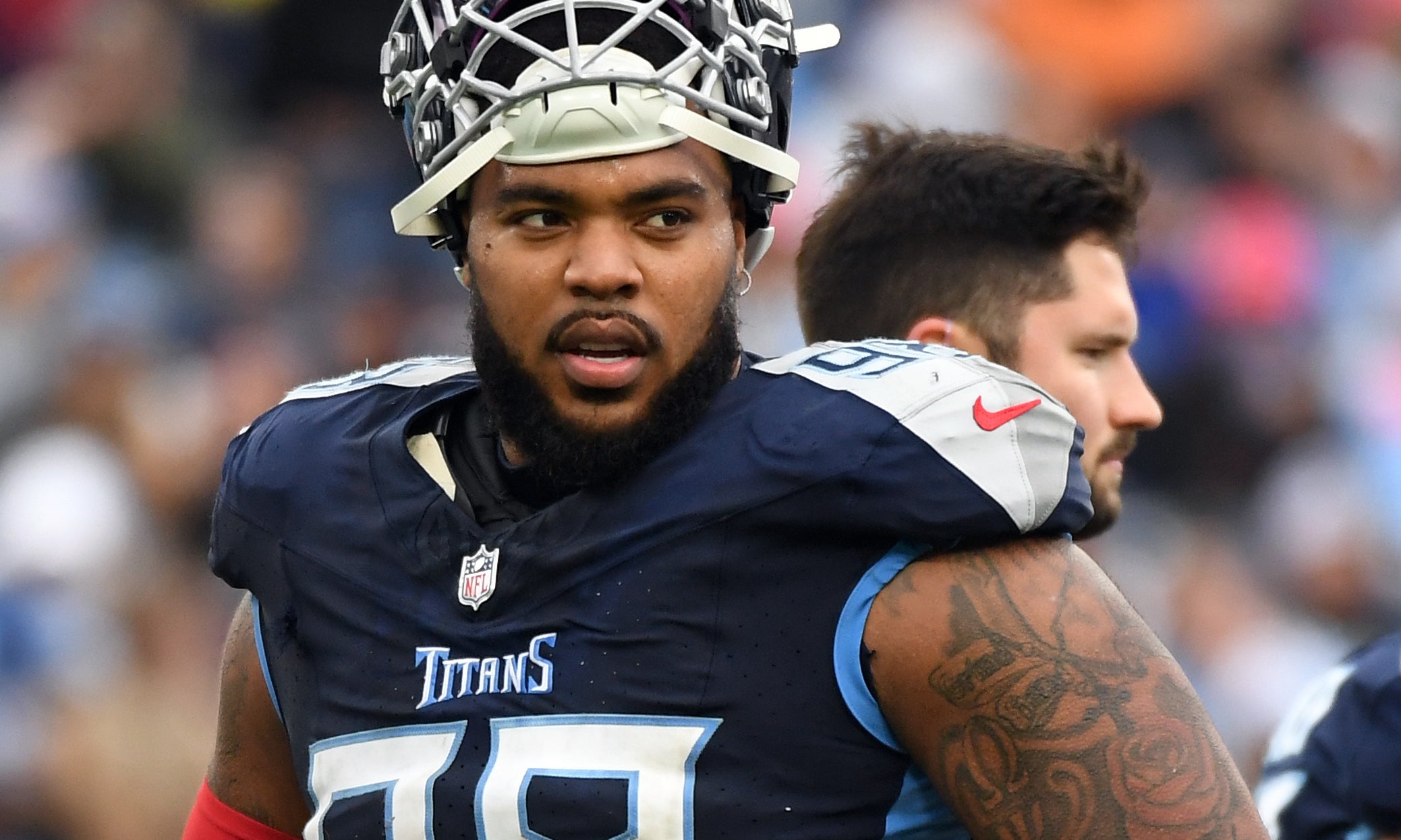 Tennessee Titans defensive tackle Jeffery Simmons (98) waits during a timeout during the second half against the Carolina Panthers at Nissan Stadium. Christopher Hanewinckel-USA TODAY Sports