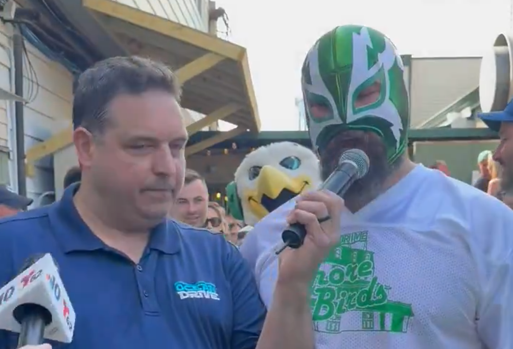Jason Kelce bartending at The Ocean Drive in Sea Isle City, New Jersey.