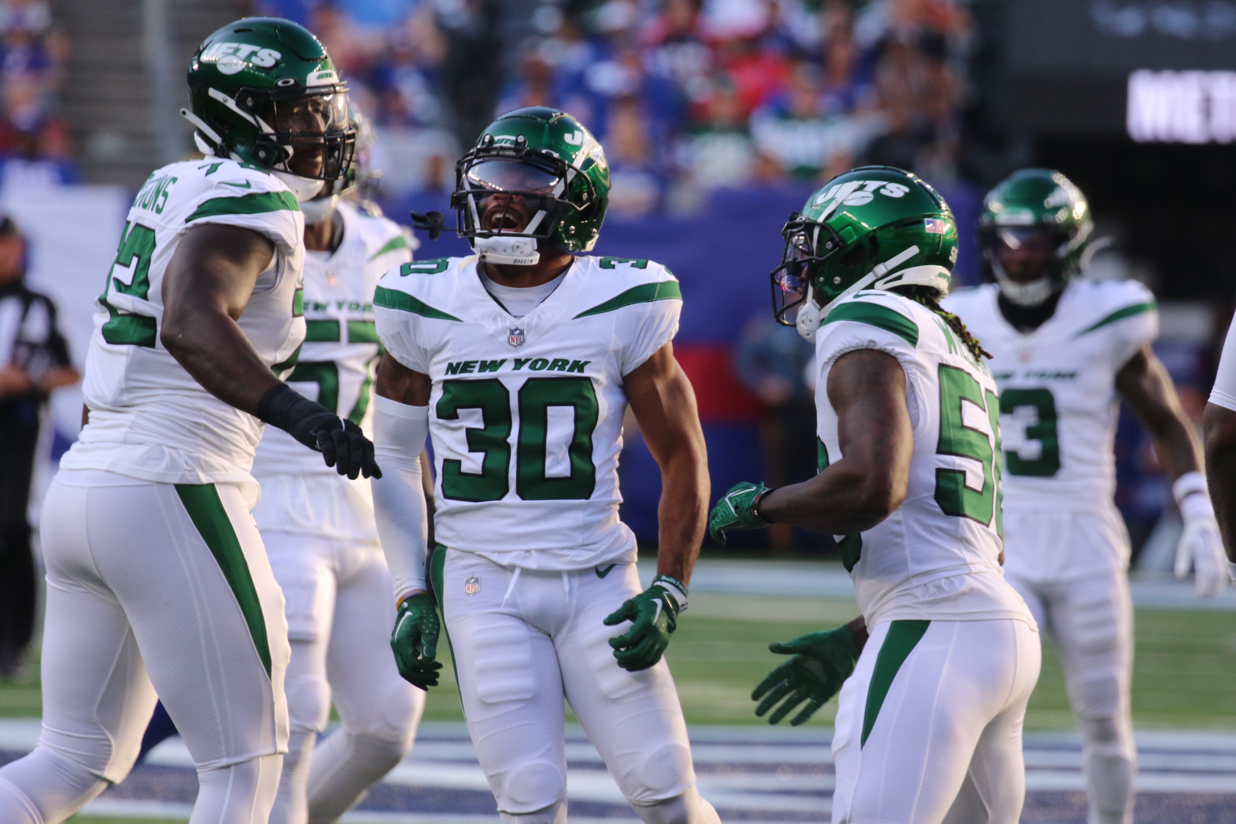 Michael Carter II of the Jets after he broke up a pass for Lawrence Cager of the Giants in the first half. The NY Jets against the NY Giants on August 26, 2023 at MetLife Stadium in East Rutherford, NJ, as the rivals play their final preseason game before the start of the NFL season.