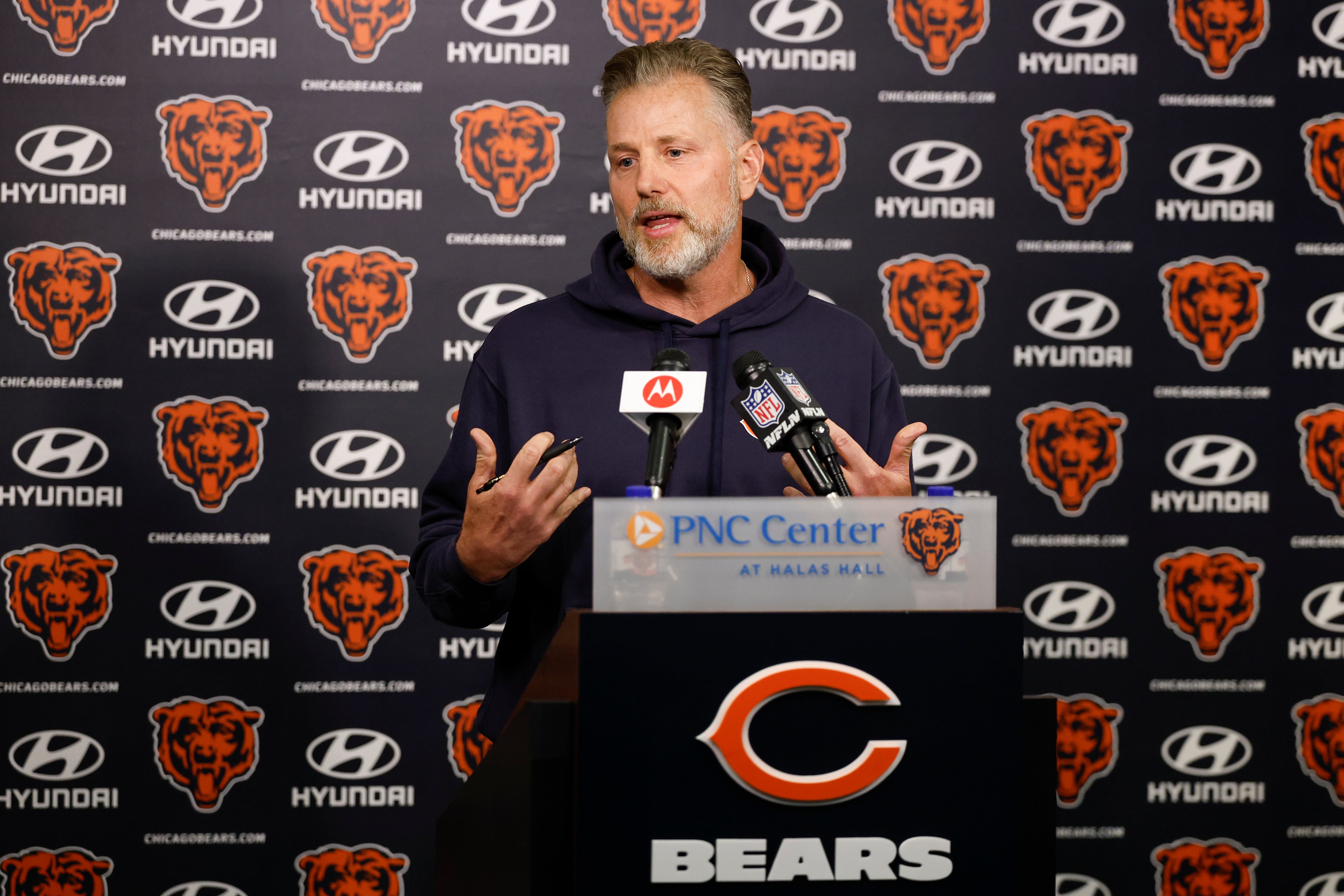 May 31, 2024; Lake Forest, IL, USA; Chicago Bears head coach Matt Eberflus speaks during organized team activities at Halas Hall.