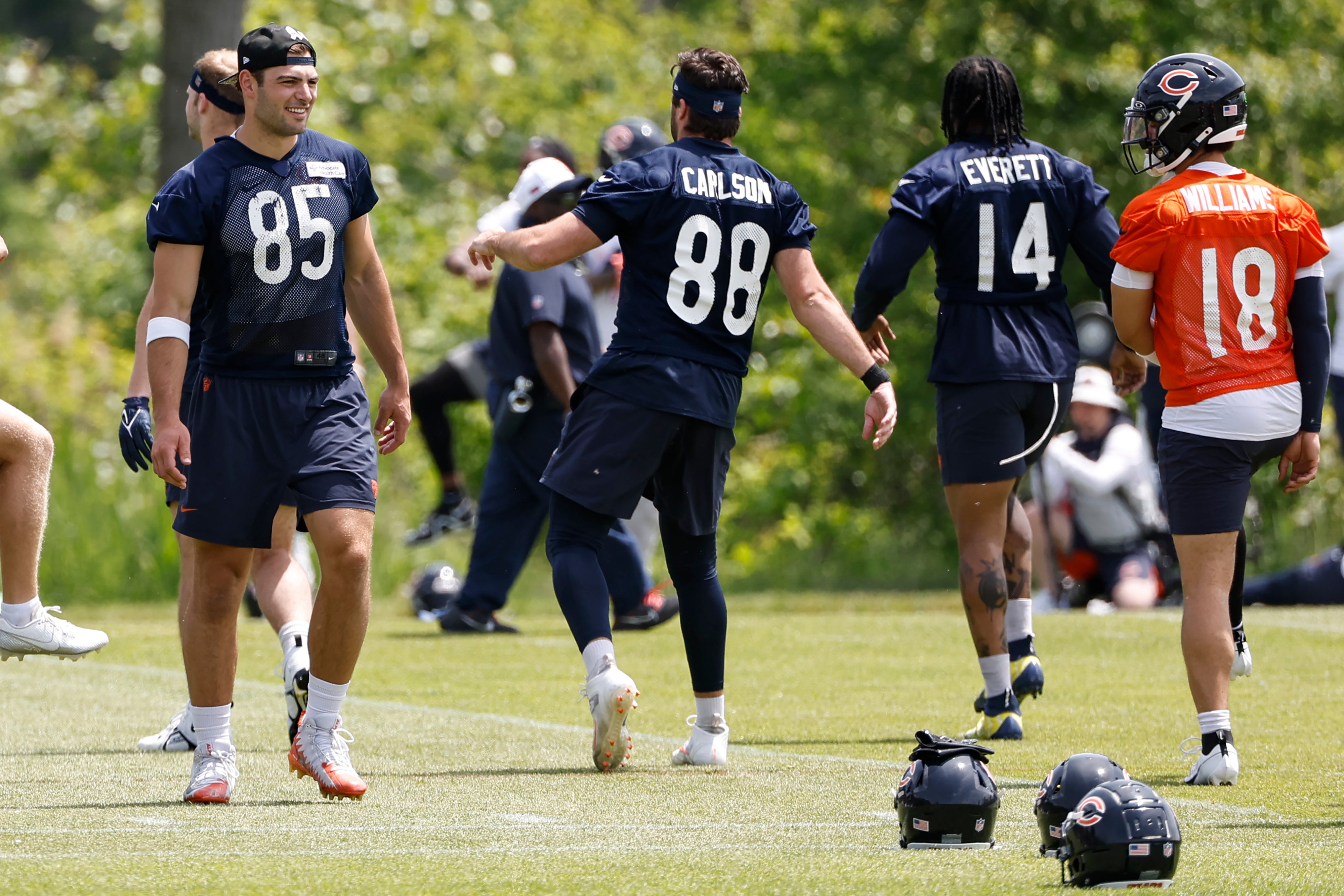 May 31, 2024; Lake Forest, IL, USA; Chicago Bears tight end Cole Kmet (85) looks on during organized team activities at Halas Hall.
