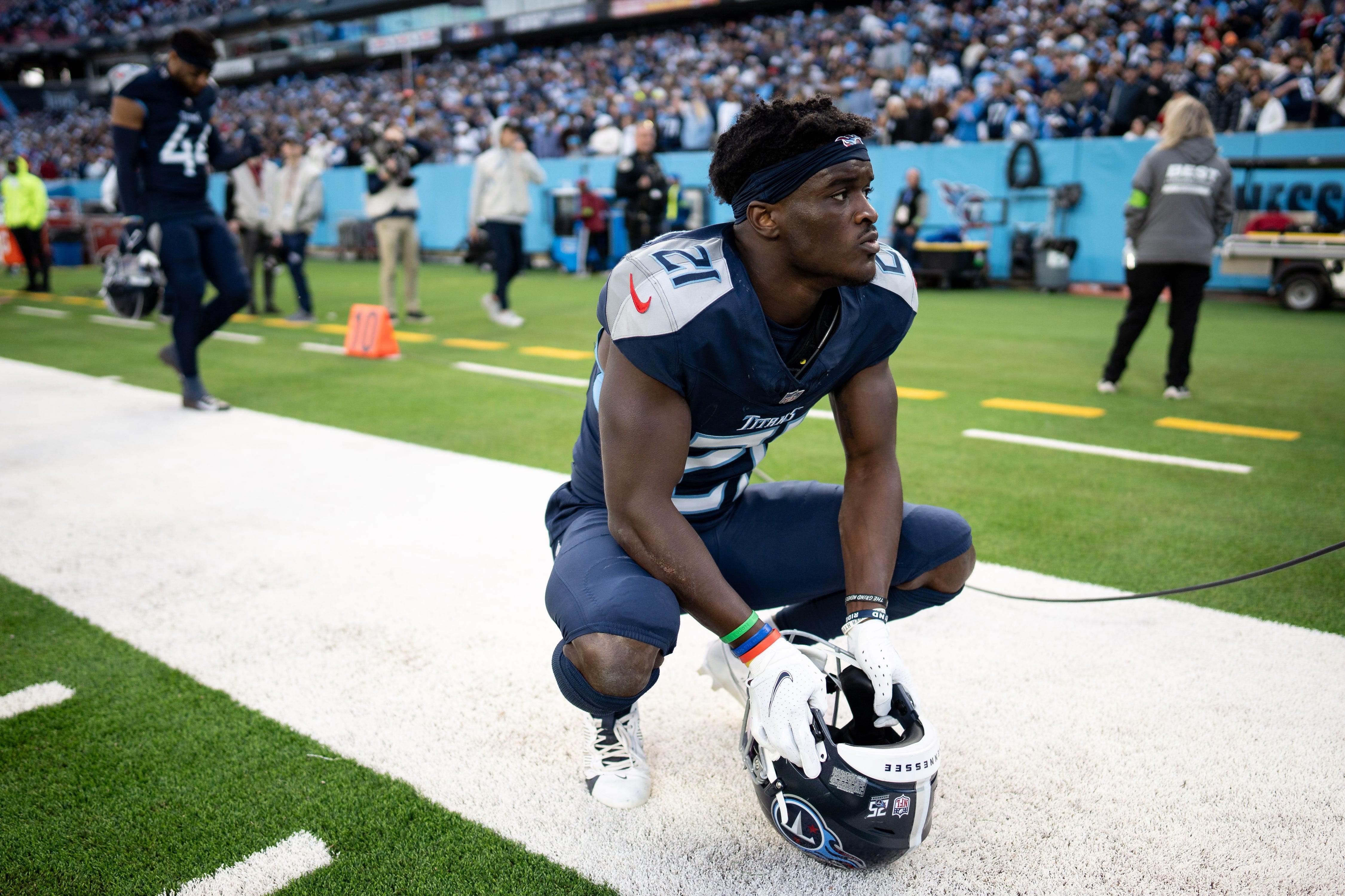 Tennessee Titans cornerback Roger McCreary (21) reacts after losing in overtime to the Indianapolis Colts at Nissan Stadium in Nashville, Tenn., Sunday, Dec. 3, 2023 Andrew Nelles / The Tennessean-USA TODAY NETWORK