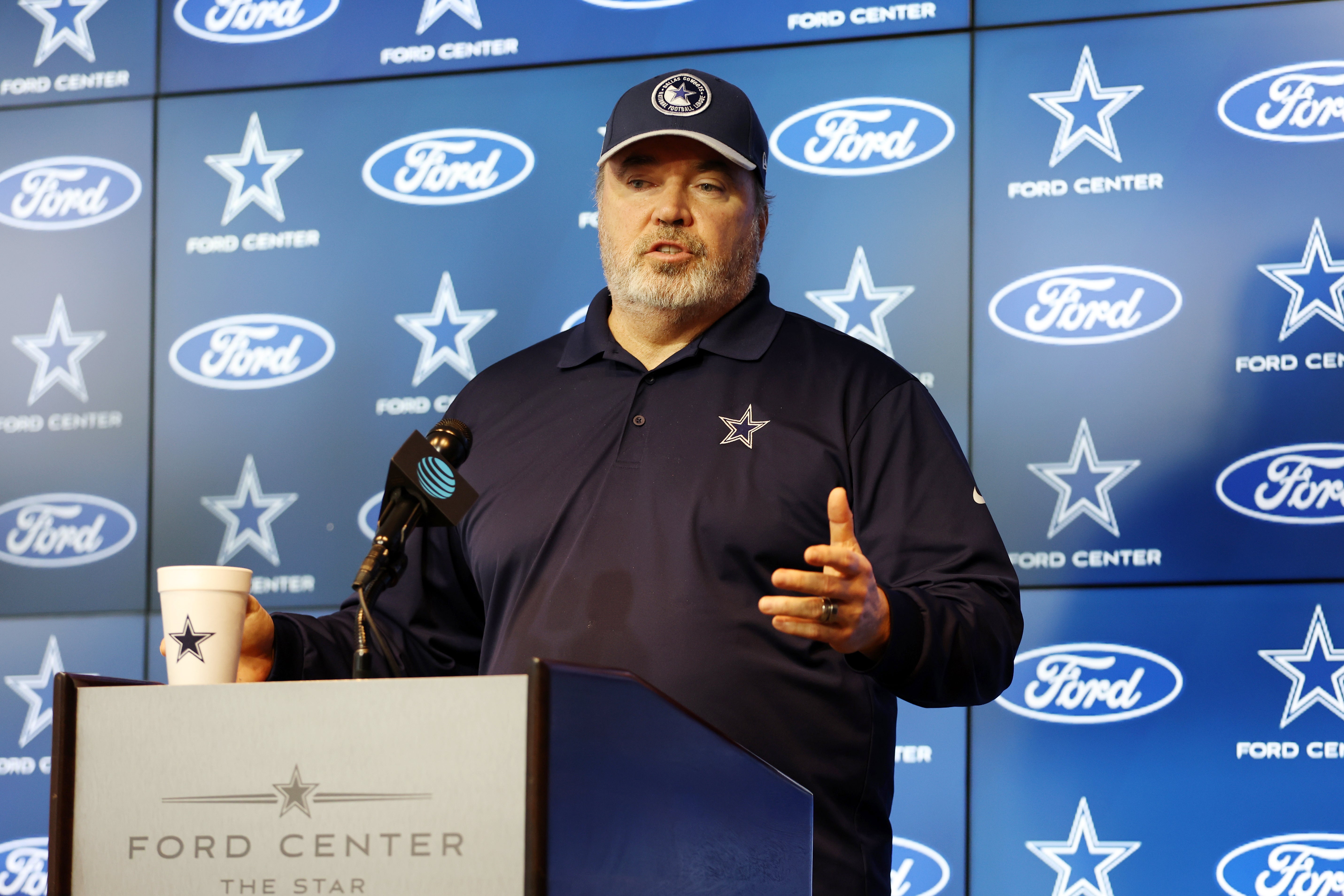 Dallas Cowboys head coach Mike McCarthy addresses the media before practice at the Ford Center at the Star Training Facility in Frisco, Texas.