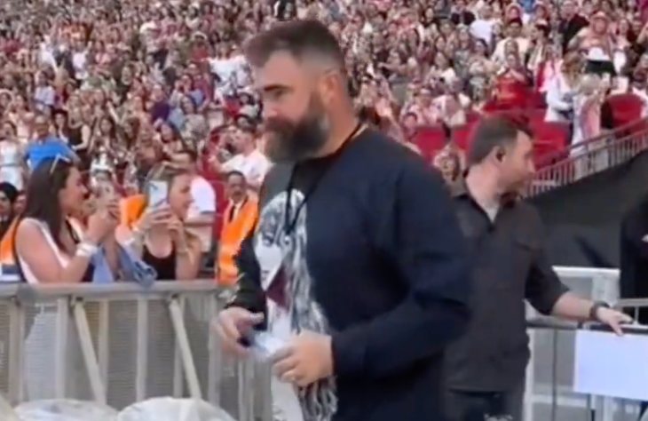 Jason Kelce arrives in Taylor Swift merch during the singer's Eras Tour show at Wembley Stadium in London.