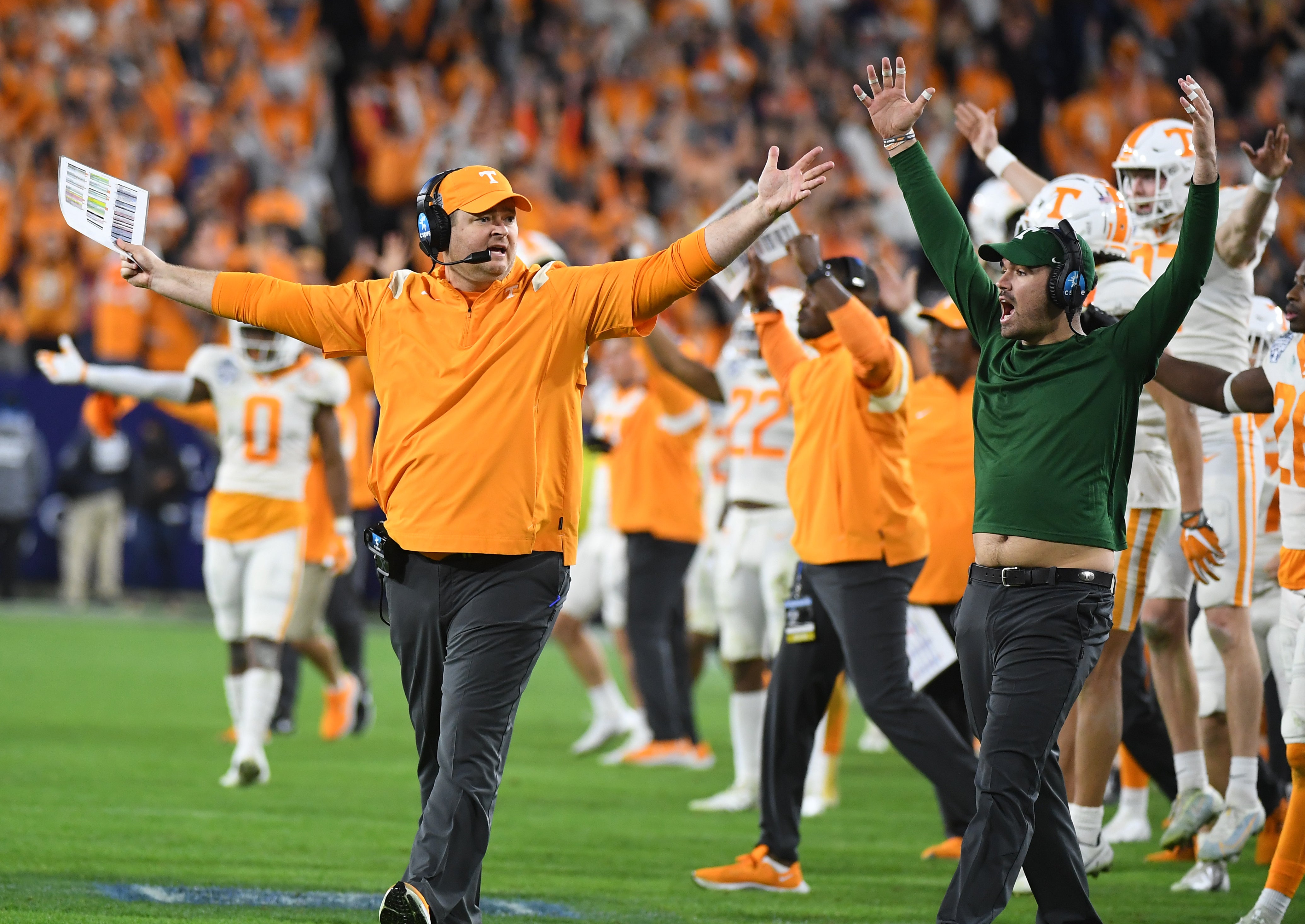 Dec 30, 2021; Nashville, TN, USA; Tennessee Volunteers head coach Josh Heupel reacts after a player is called short of the goal line in overtime against the Purdue Boilermakers in the 2021 Music City Bowl at Nissan Stadium.
