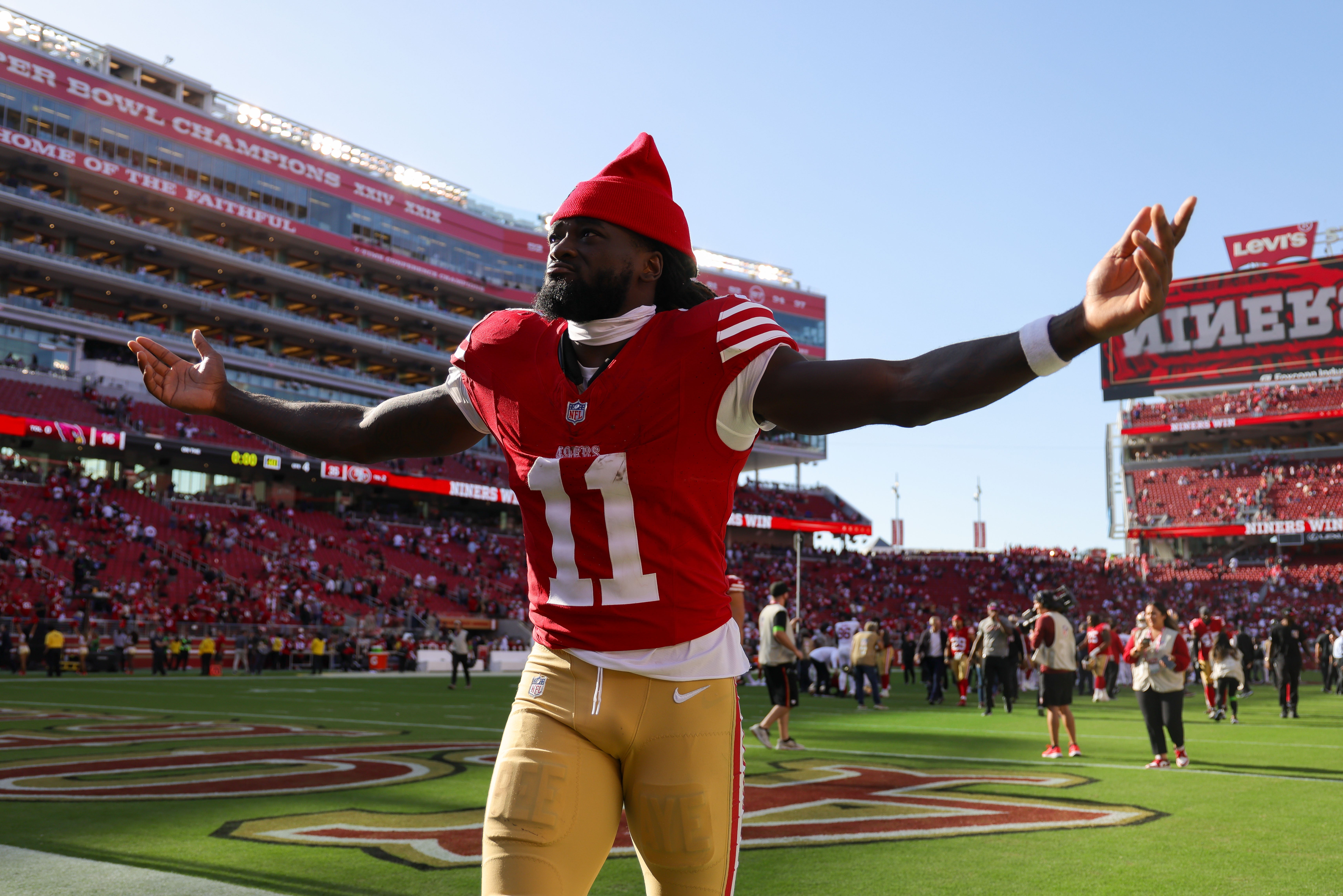Oct 1, 2023; Santa Clara, California, USA; San Francisco 49ers wide receiver Brandon Aiyuk (11) celebrates after the game against the Arizona Cardinals at Levi's Stadium.