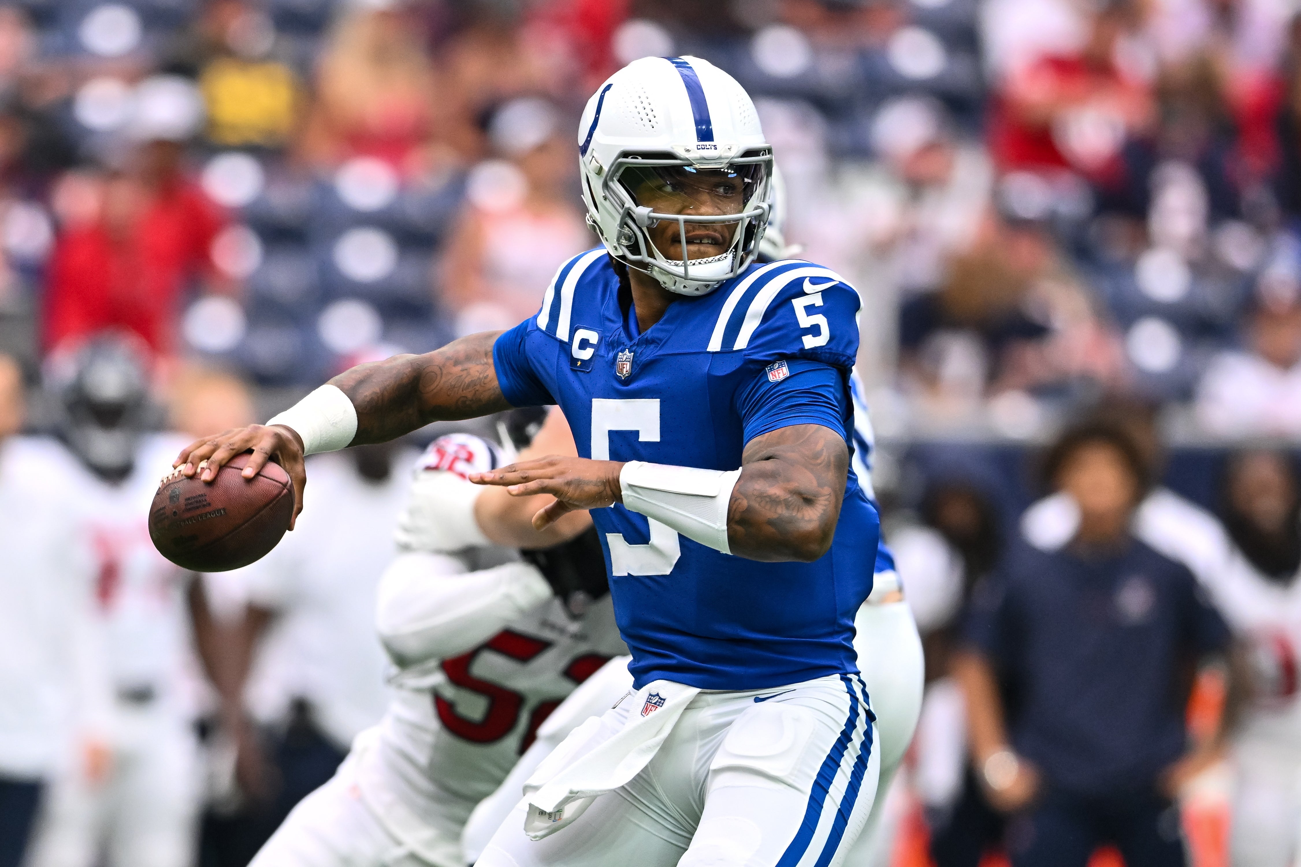 Sep 17, 2023; Houston, Texas, USA; Indianapolis Colts quarterback Anthony Richardson (5) looks to pass the ball during the first quarter against the Houston Texans at NRG Stadium.
