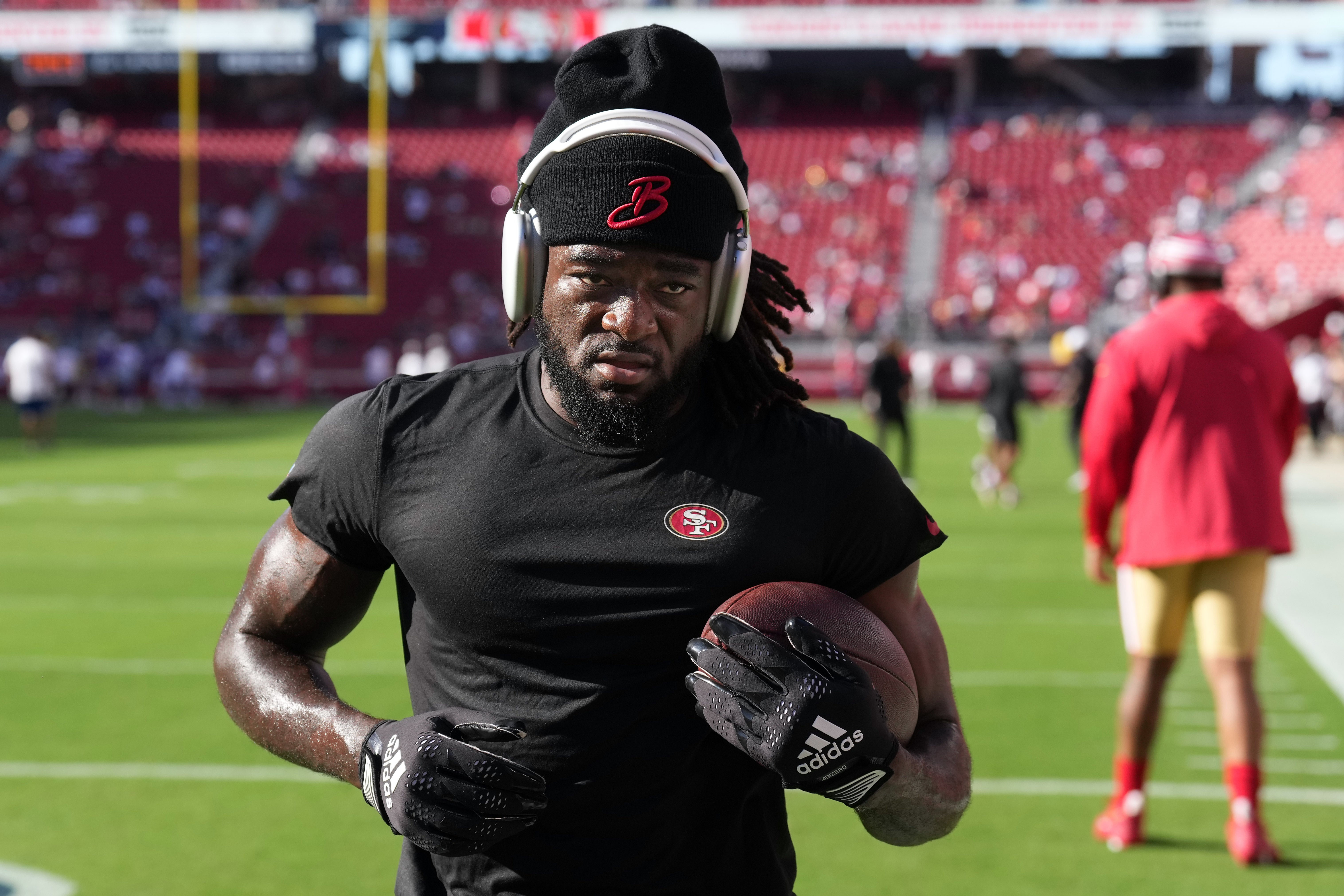 Oct 8, 2023; Santa Clara, California, USA; San Francisco 49ers wide receiver Brandon Aiyuk (11) warms up before the game against the Dallas Cowboys at Levi's Stadium.