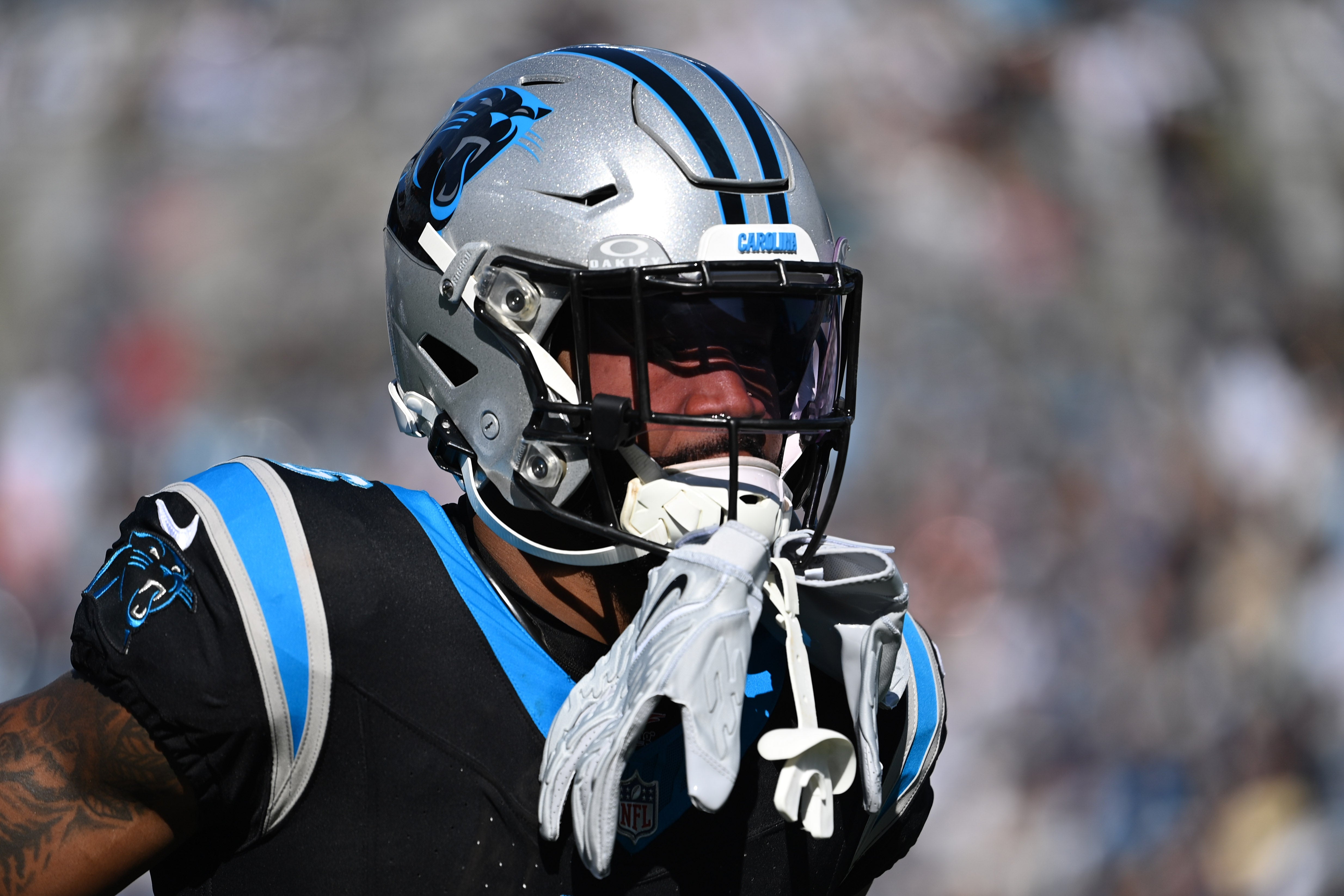 Nov 19, 2023; Charlotte, North Carolina, USA; Carolina Panthers running back Miles Sanders (6) before the game at Bank of America Stadium. Mandatory Credit: Bob Donnan-USA TODAY Sports