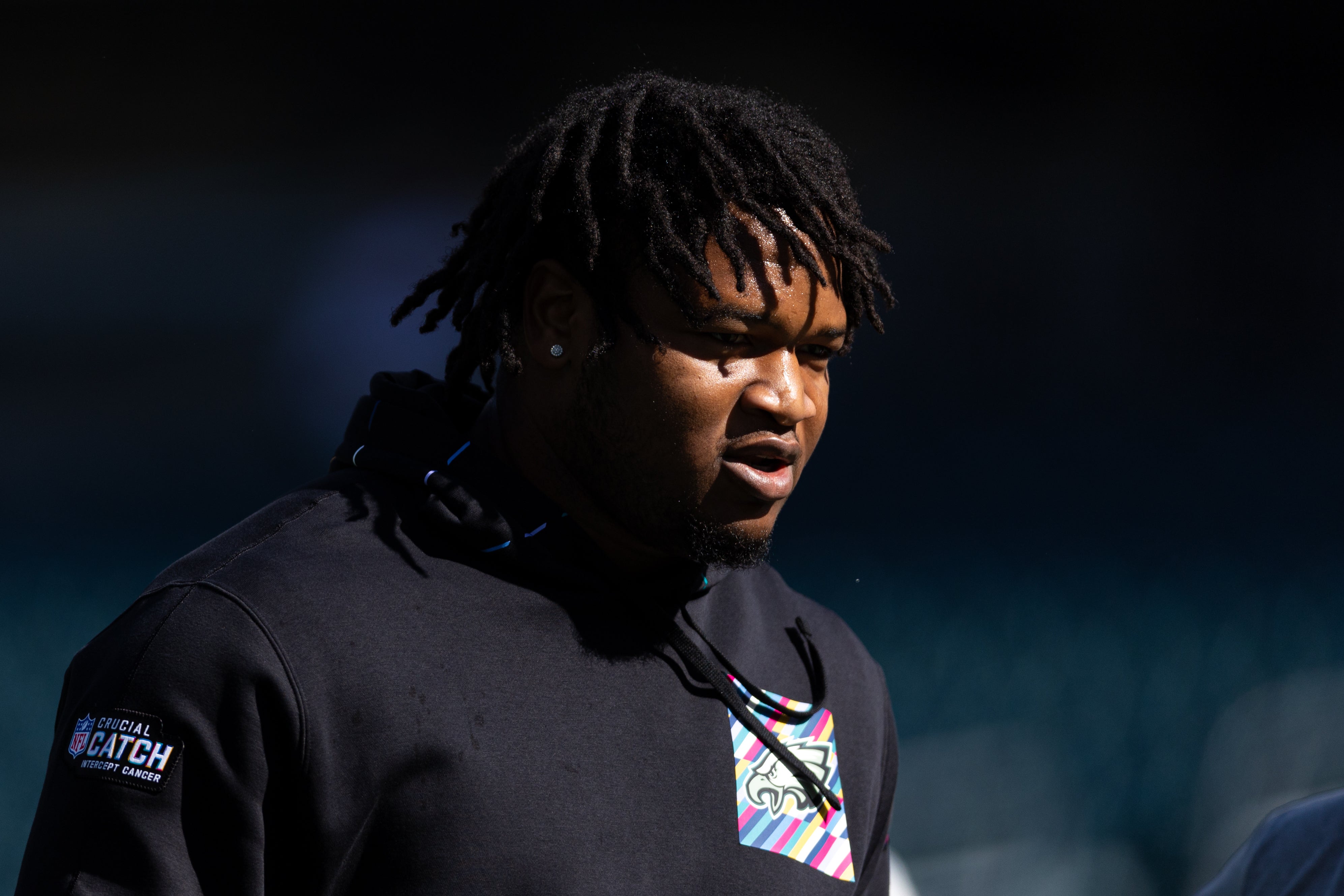 Philadelphia Eagles defensive tackle Jalen Carter before action against the Washington Commanders at Lincoln Financial Field.