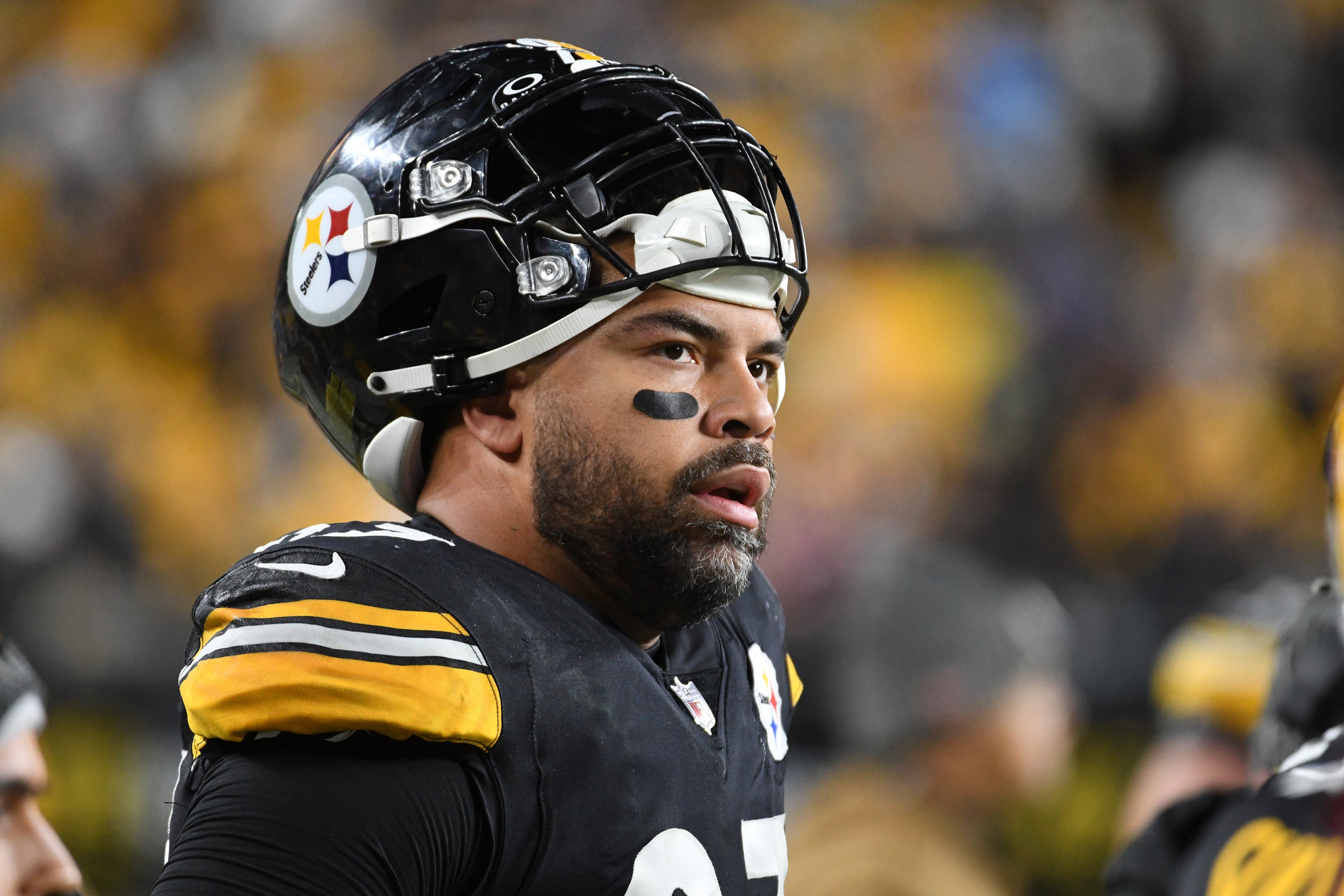 Nov 2, 2023; Pittsburgh, Pennsylvania, USA; Pittsburgh Steelers defensive end Cam Heyward watches the game against the Tennessee Titans during the second quarter at Acrisure Stadium. Mandatory Credit: Philip G. Pavely-USA TODAY Sports  