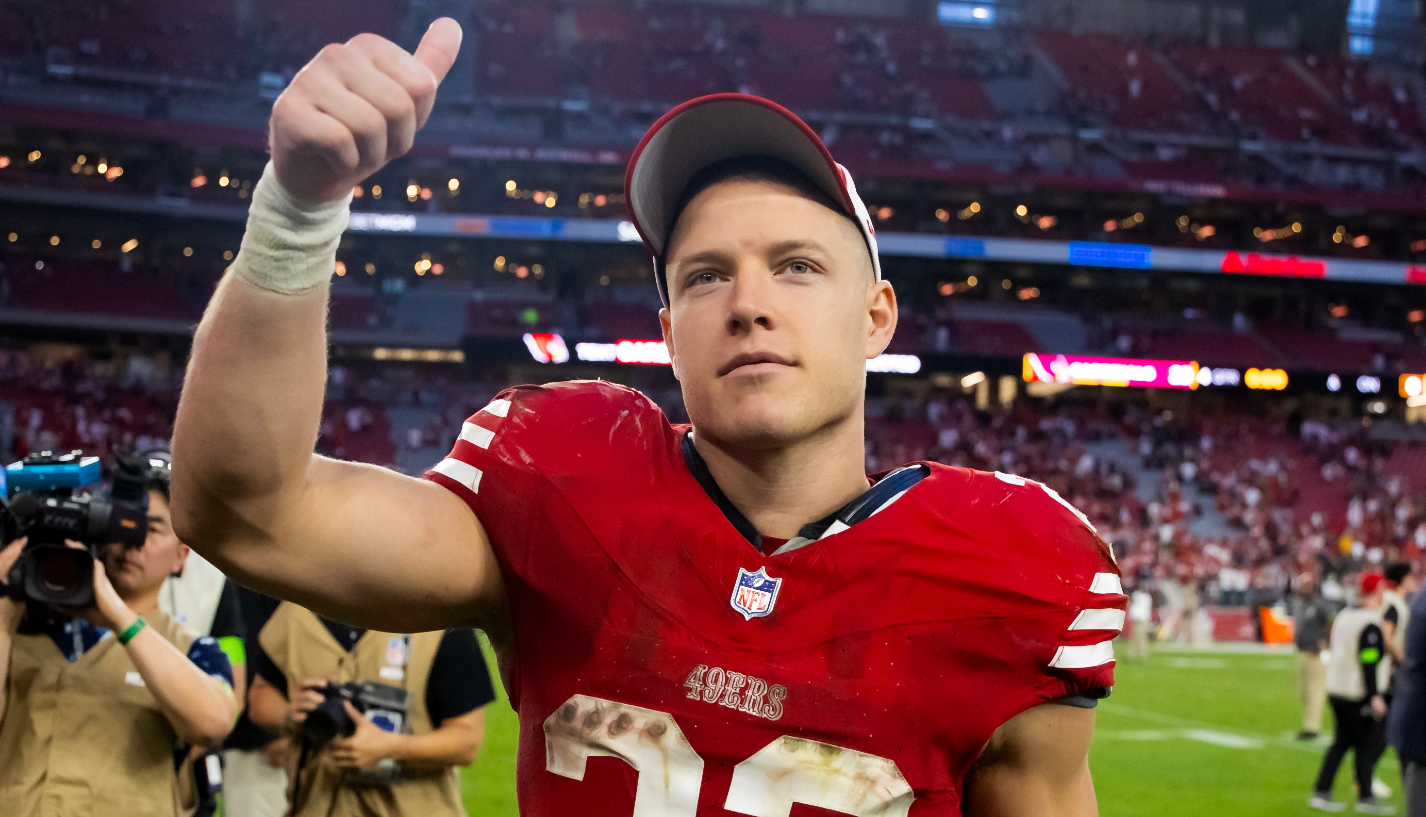 Dec 17, 2023; Glendale, Arizona, USA; San Francisco 49ers running back Christian McCaffrey (23) celebrates after beating the Arizona Cardinals at State Farm Stadium.