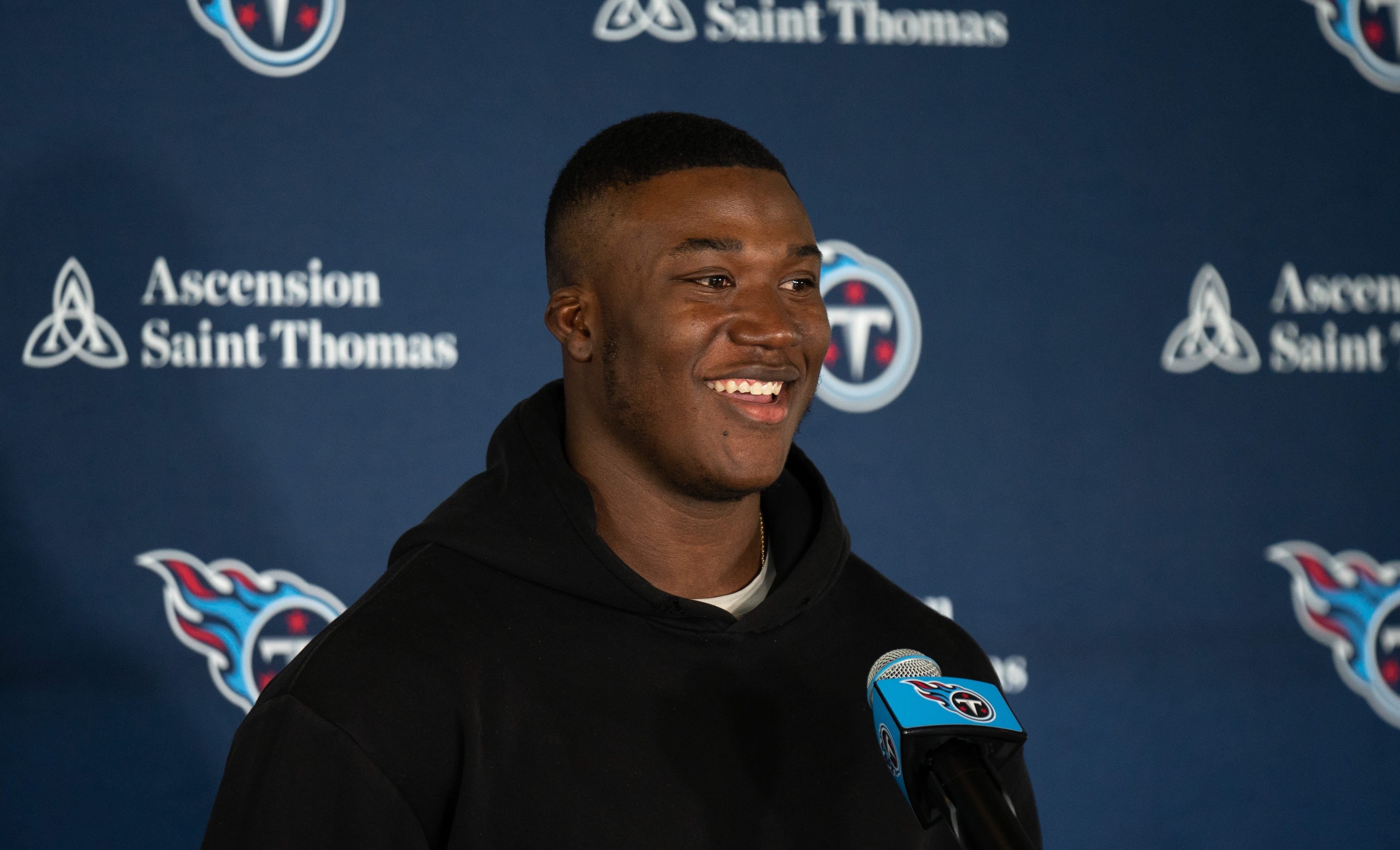 Tennessee Titans new free-agent linebacker Kenneth Murray fields questions at Ascension Saint Thomas Sports Park in Nashville, Tenn., Thursday, March 14, 2024 Denny Simmons / The Tennessean-USA TODAY NETWORK
