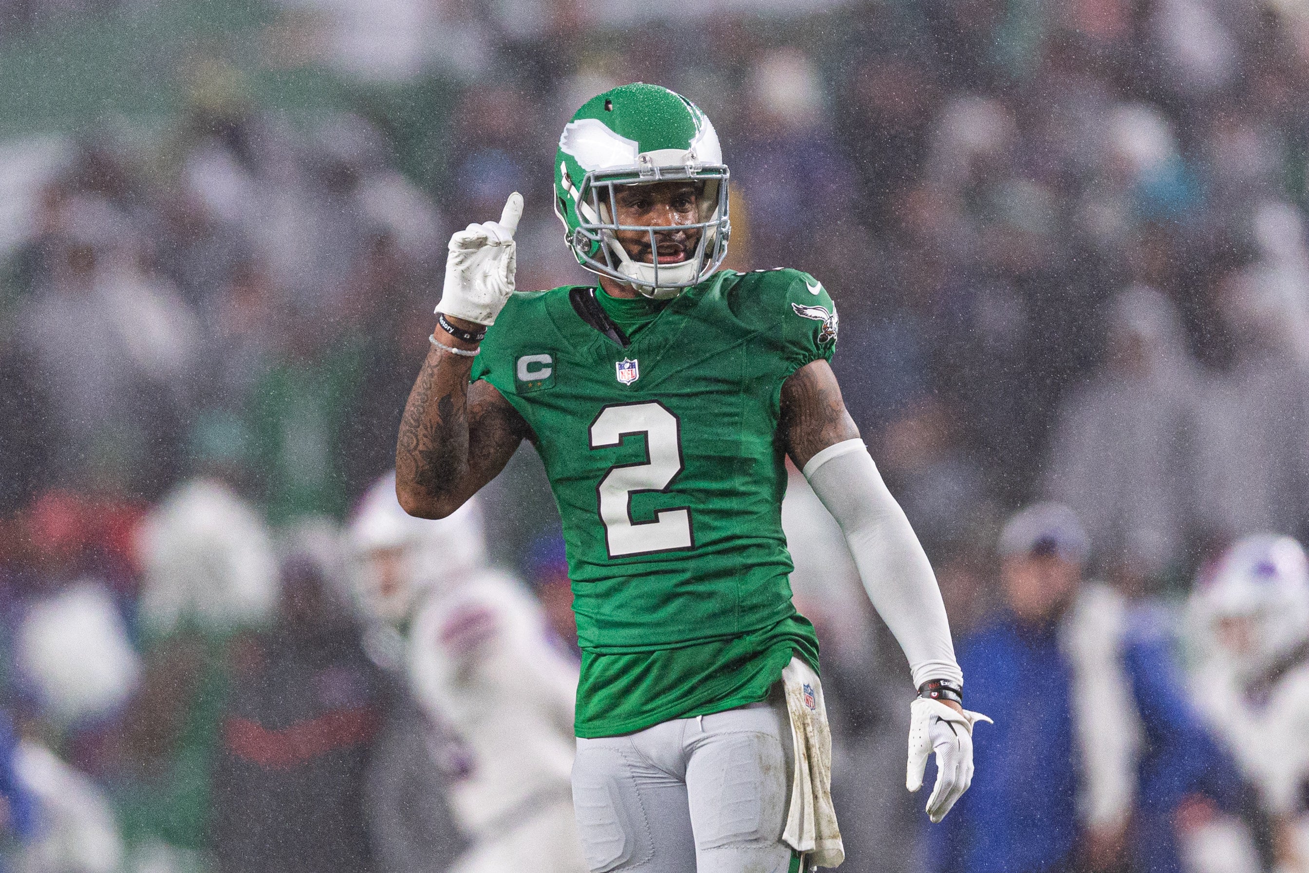 Philadelphia Eagles cornerback Darius Slay (2) reacts after breaking up a pass play against the Buffalo Bills during the second quarter at Lincoln Financial Field.