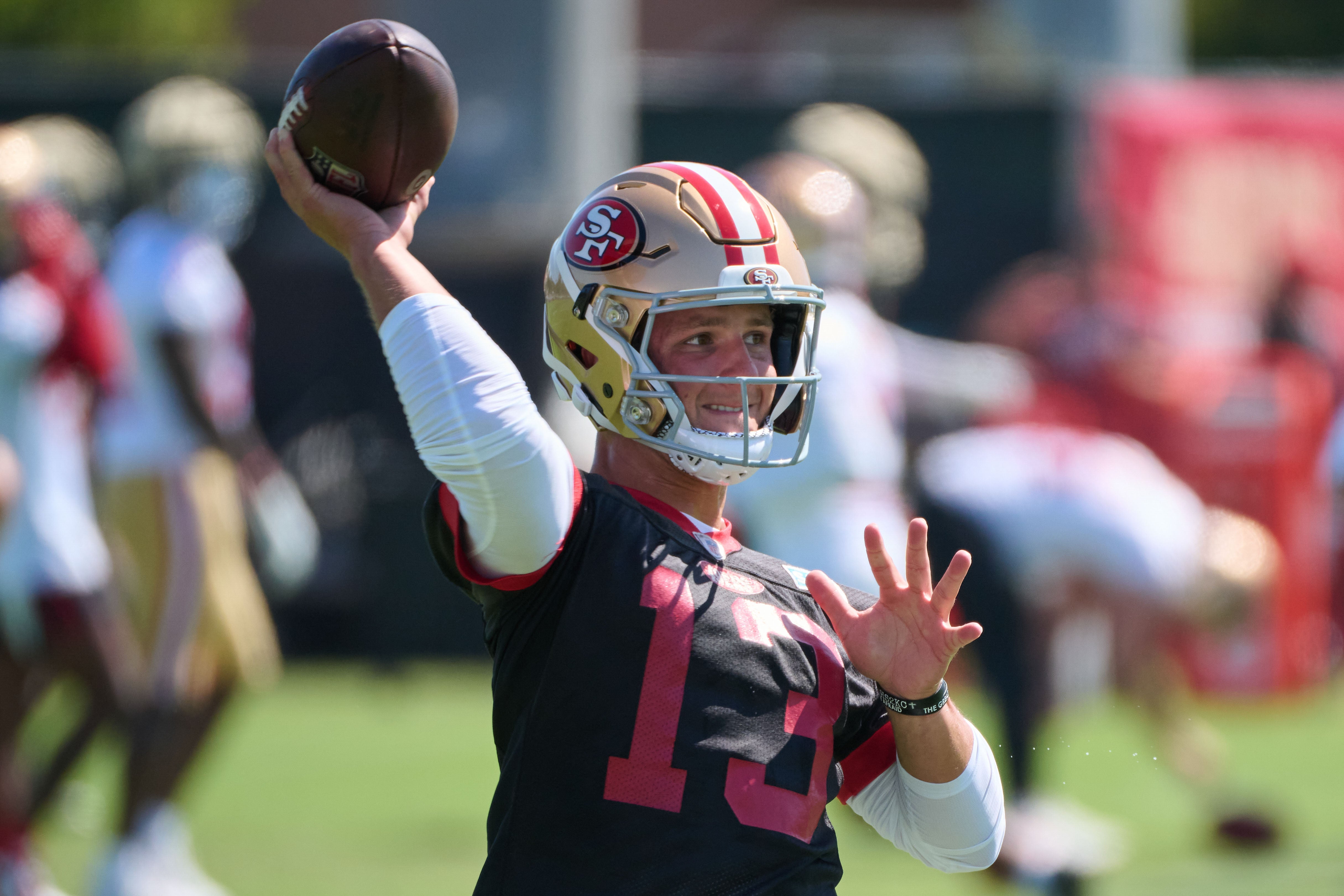 Jul 27, 2023; Santa Clara, CA, USA; San Francisco 49ers quarterback Brock Purdy (13) throws a pass during training camp at the SAP Performance Facility.