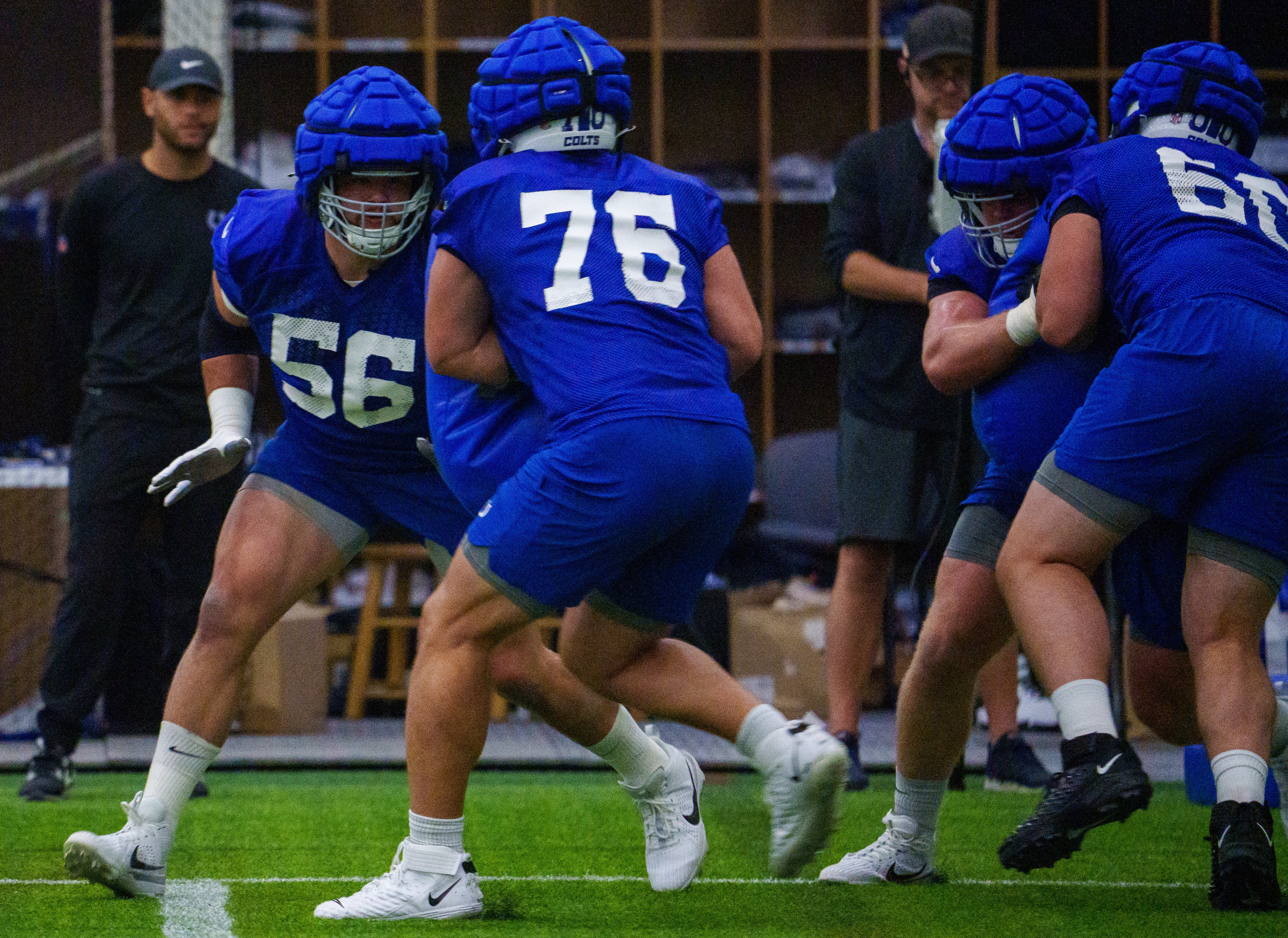 Indianapolis Colts guard Quenton Nelson (56) works with offensive tackle Jake Witt (76) on Friday, July 28, 2023, during an indoor practice at Grand Park Sports Campus in Westfield, Indiana.
