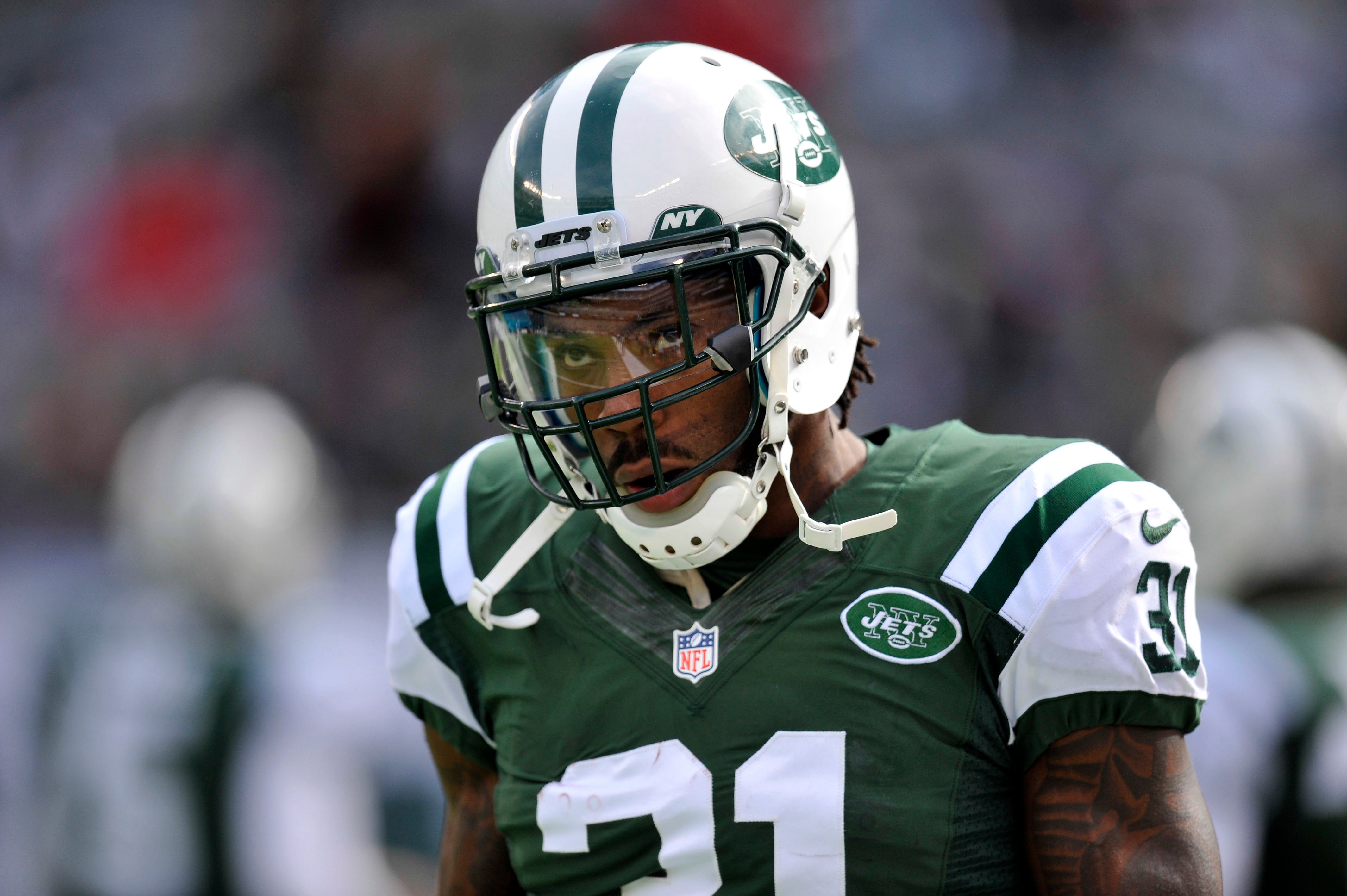 New York Jets cornerback Antonio Cromartie (31) looks on before facing the New Orleans Saints at MetLife Stadium.