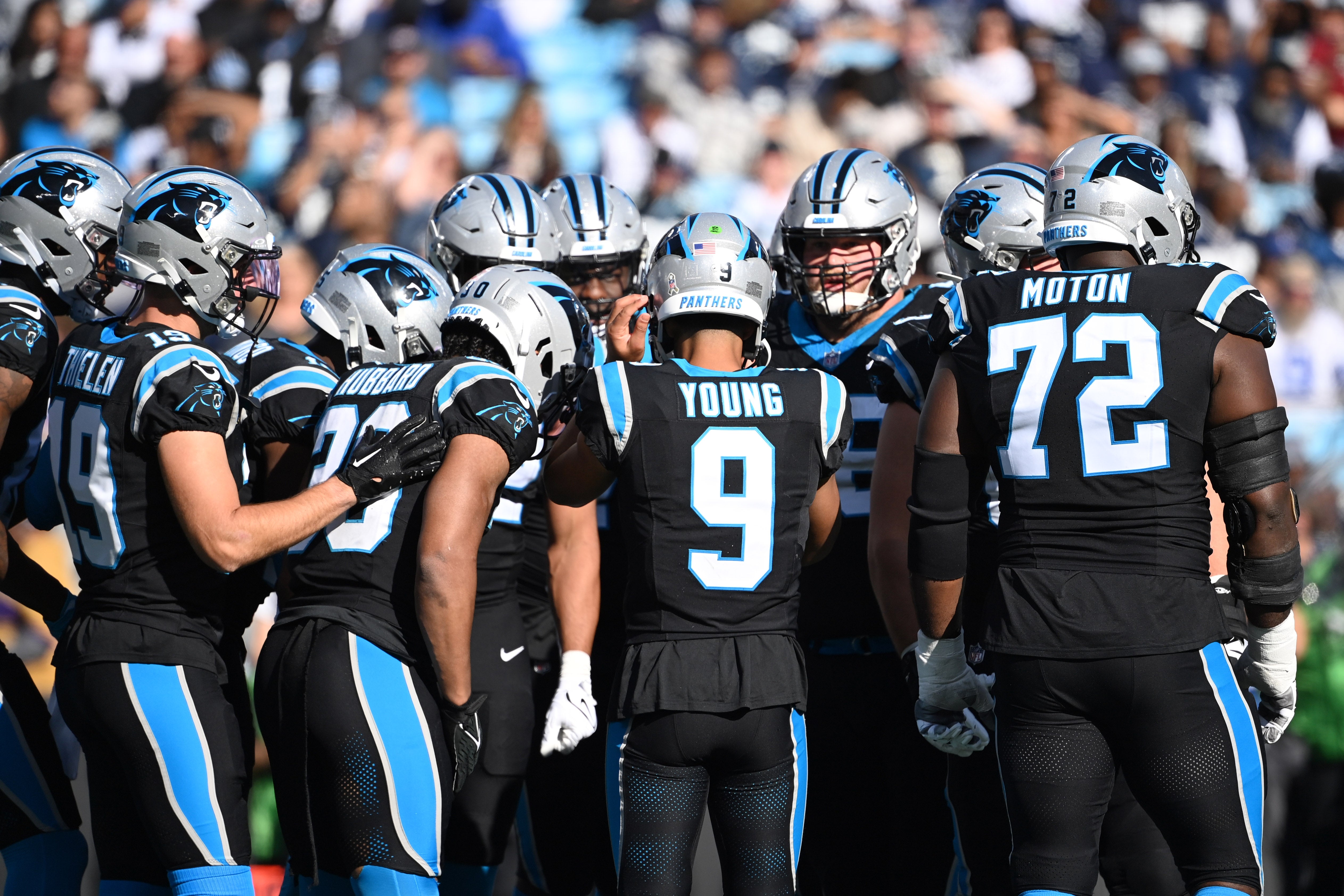 Nov 19, 2023; Charlotte, North Carolina, USA; Carolina Panthers quarterback Bryce Young (9) in the huddle in the second quarter at Bank of America Stadium. Mandatory Credit: Bob Donnan-USA TODAY Sports