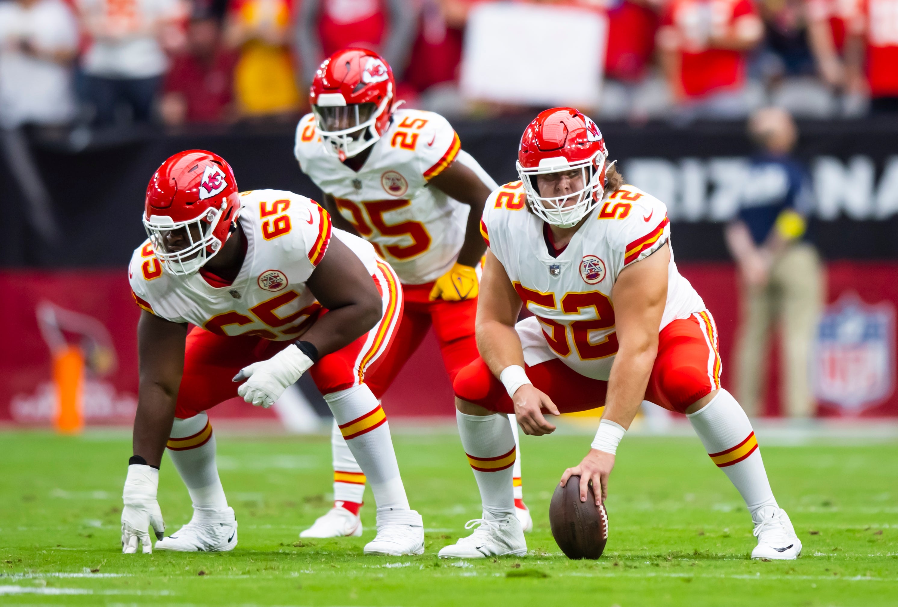 Sep 11, 2022; Glendale, Arizona, USA; Kansas City Chiefs guard Trey Smith (65) and center Creed Humphrey (52) against the Arizona Cardinals at State Farm Stadium.