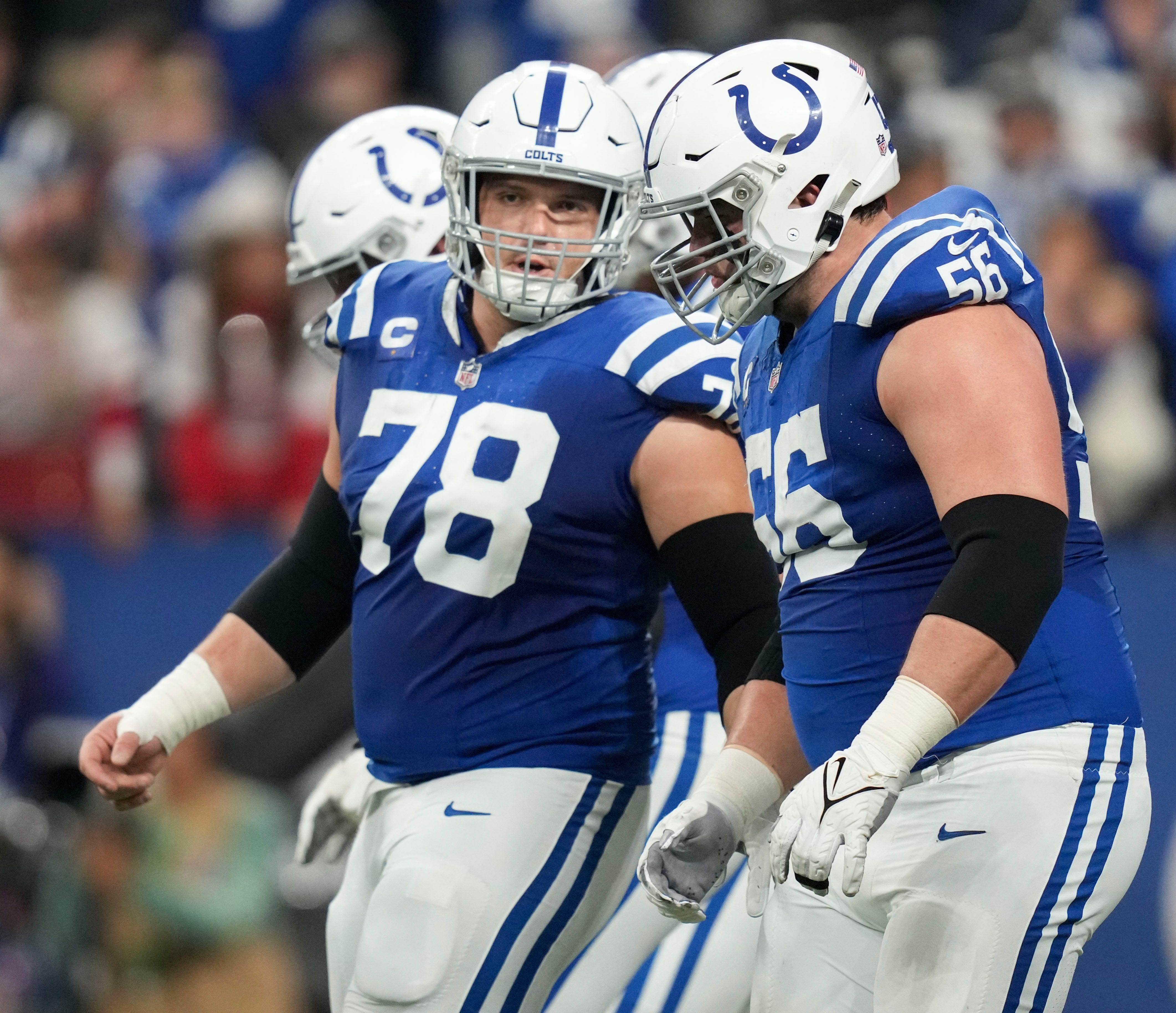 Indianapolis Colts center Ryan Kelly (78) talks with Indianapolis Colts guard Quenton Nelson (56) on Saturday, Jan. 6, 2024, during a game against the Houston Texans at Lucas Oil Stadium in Indianapolis.