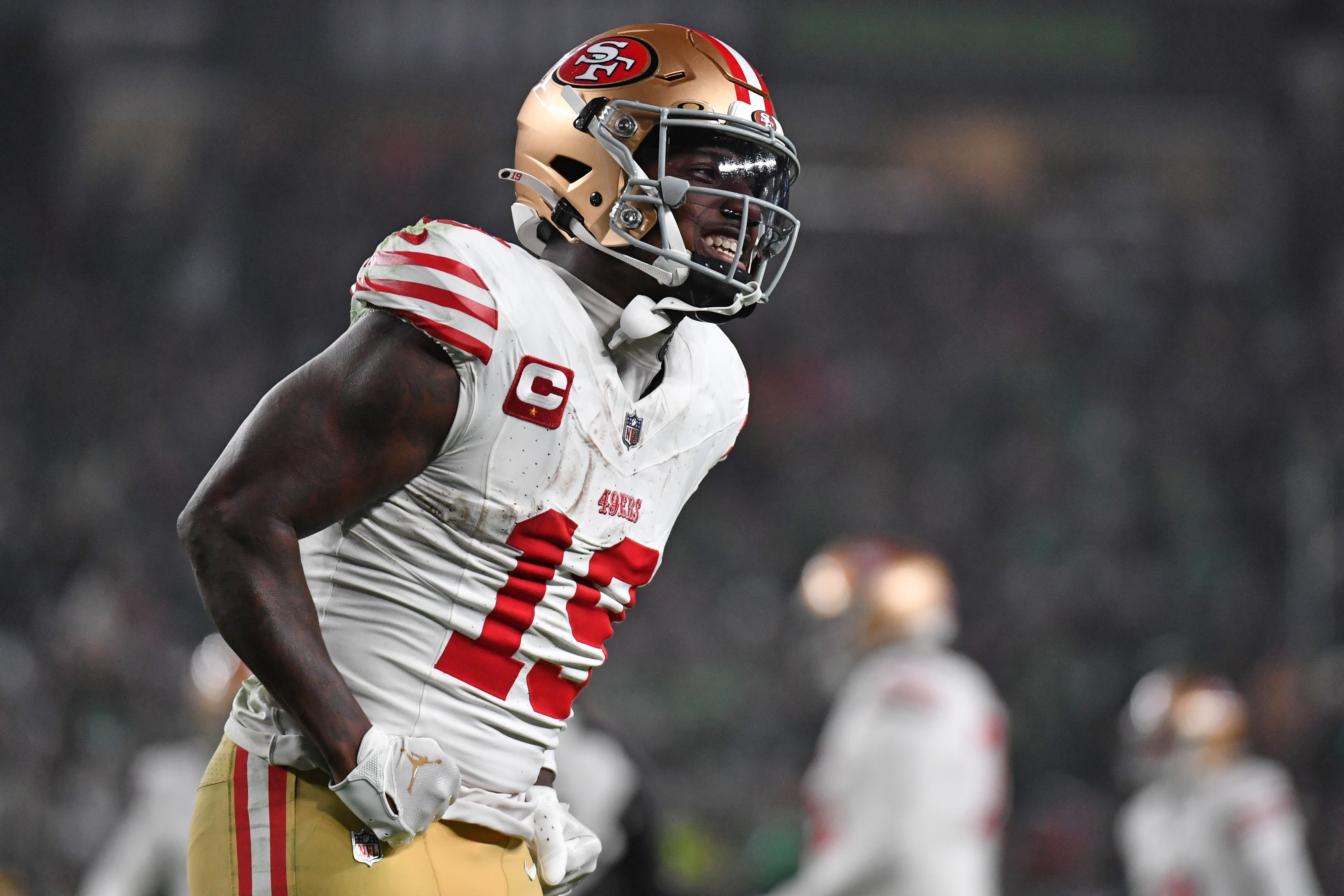 Dec 3, 2023; Philadelphia, Pennsylvania, USA; San Francisco 49ers wide receiver Deebo Samuel (19) celebrates his touchdown against the Philadelphia Eagles during the third quarter at Lincoln Financial Field.