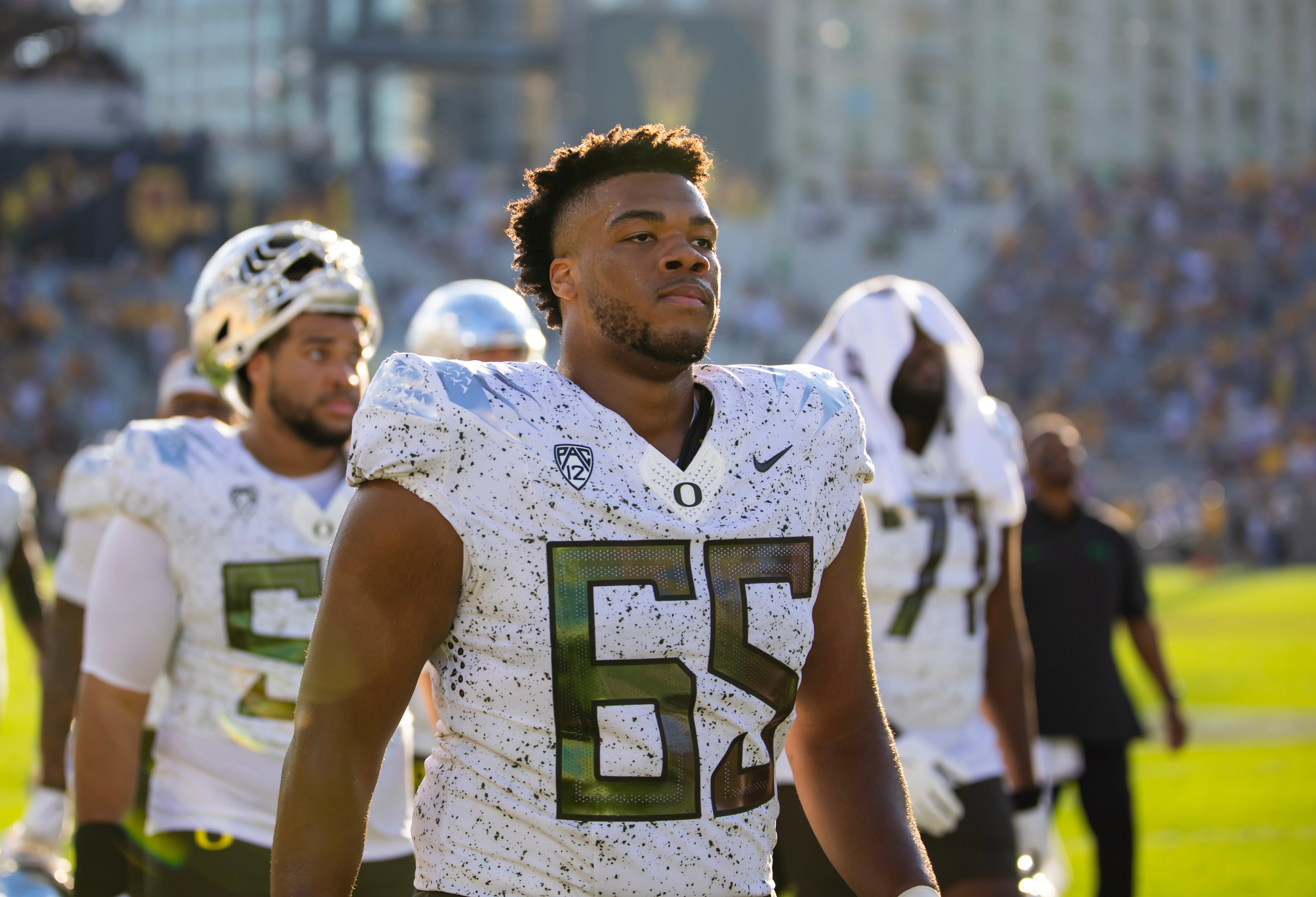 Nov 18, 2023; Tempe, Arizona, USA; Oregon Ducks offensive lineman Ajani Cornelius (65) against the Arizona State Sun Devils at Mountain America Stadium.