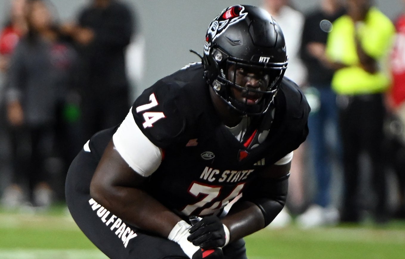 Sep 29, 2023; Raleigh, North Carolina, USA; North Carolina State Wolfpack offensive lineman Anthony Belton (74) during the first half at Carter-Finley Stadium.