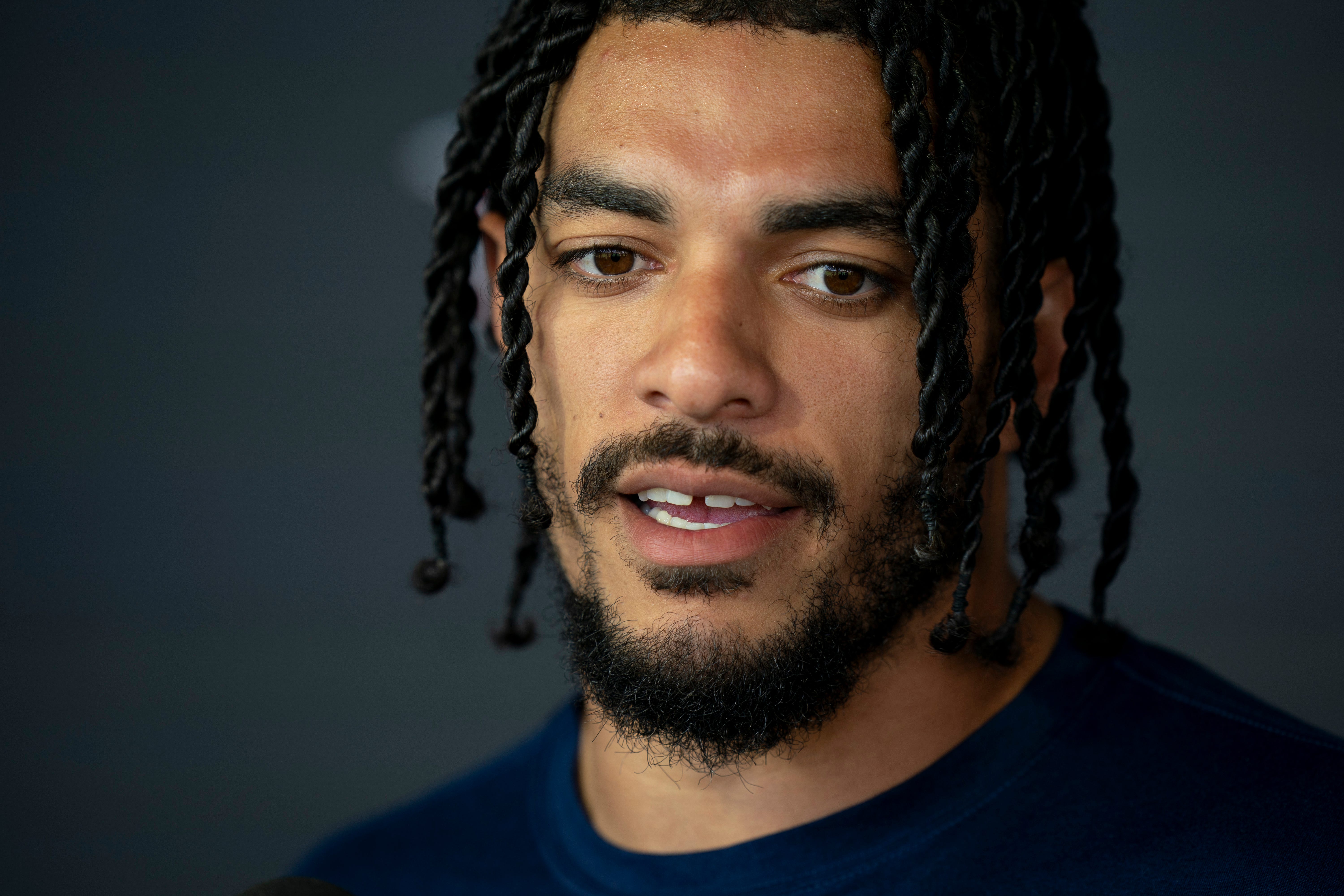 Safety Amani Hooker fields questions after the Tennessee Titans practice at Ascension Saint Thomas Sports Park in Nashville, Tenn., Tuesday, May 21, 2024 Denny Simmons / The Tennessean-USA TODAY NETWORK