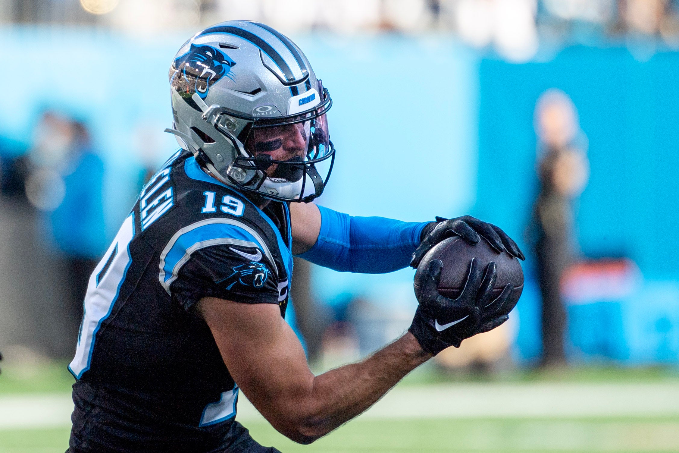 Nov 19, 2023; Charlotte, North Carolina, USA; Carolina Panthers wide receiver Adam Thielen (19) with the ball in the third quarter at Bank of America Stadium. Mandatory Credit: Bob Donnan-USA TODAY Sports