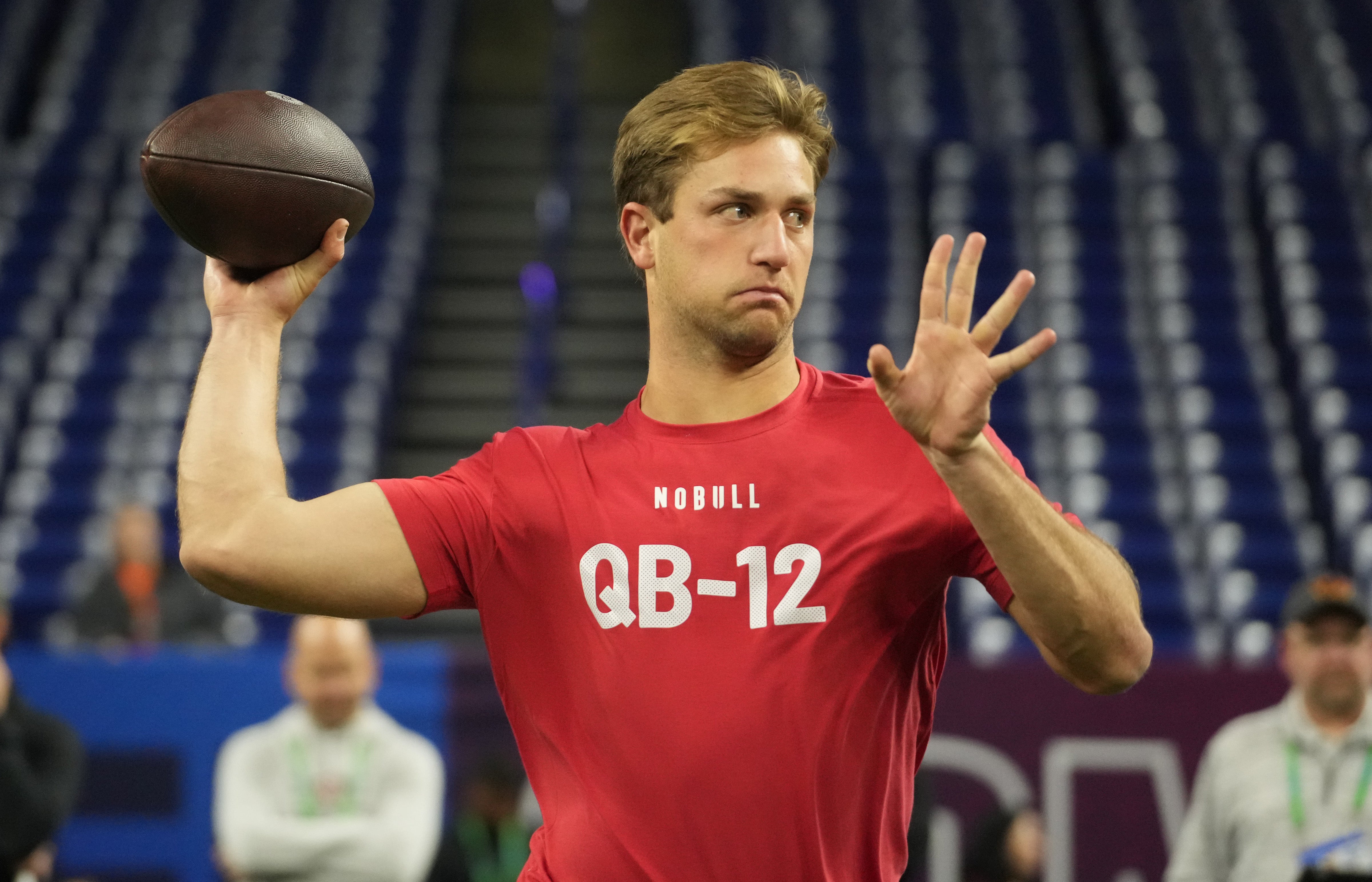 Mar 2, 2024; Indianapolis, IN, USA; Brigham Young quarterback Kedon Slovis (QB12) during the 2024 NFL Combine at Lucas Oil Stadium.