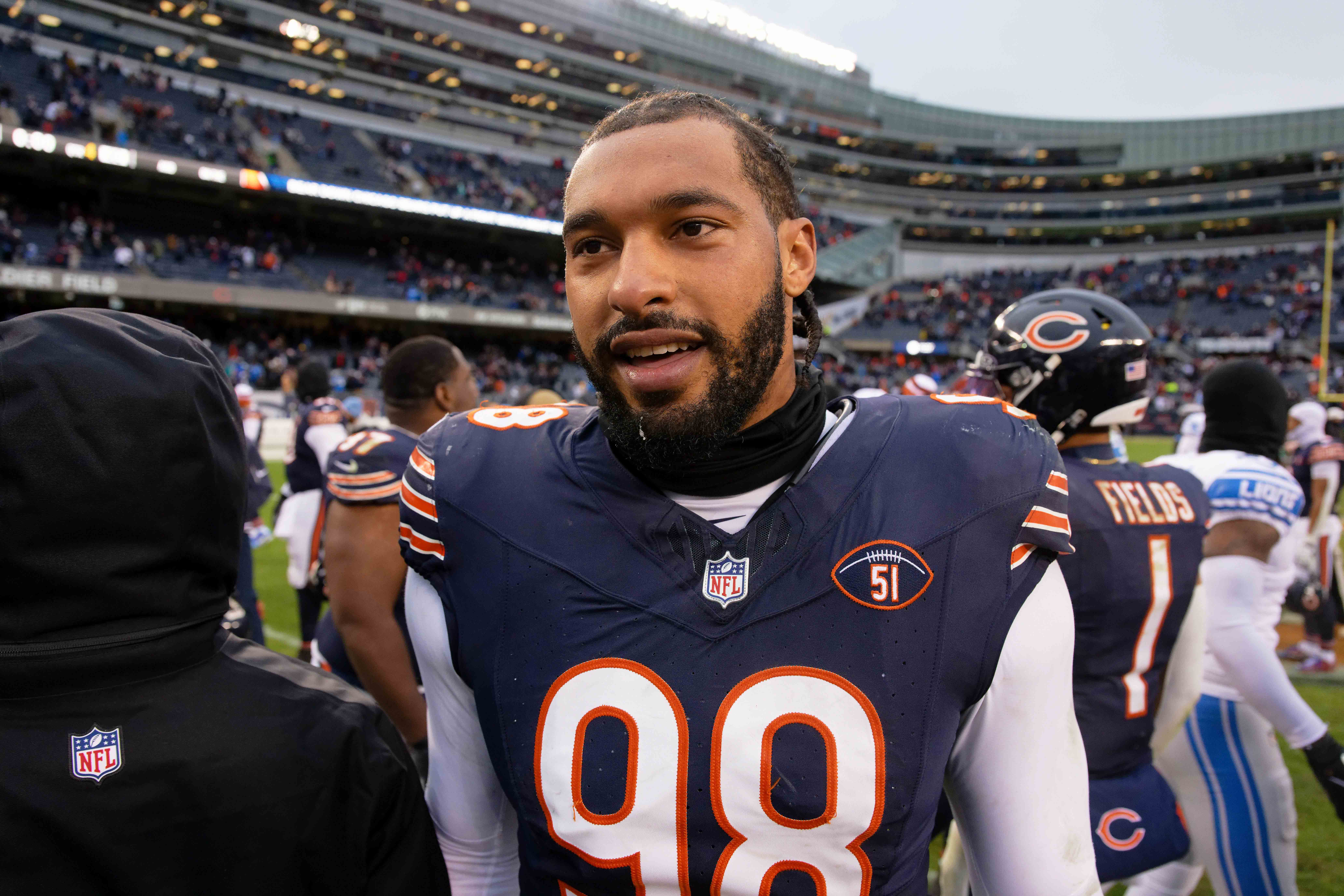 Dec 10, 2023; Chicago, Illinois, USA; Chicago Bears defensive lineman Montez Sweat (98) walks off the field after a game against the Detroit Lions at Soldier Field.