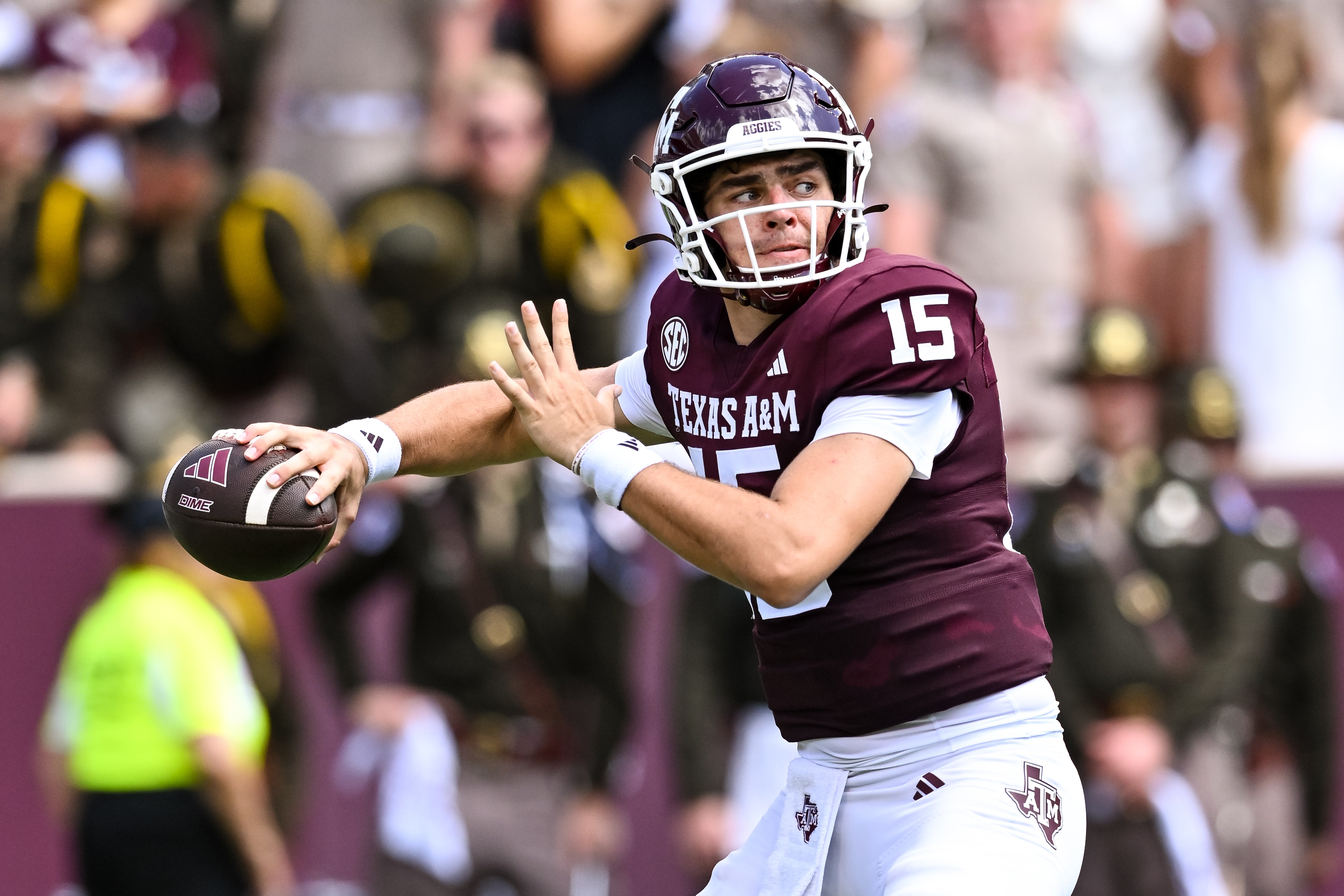 Sep 23, 2023; College Station, Texas, USA; Texas A&M Aggies quarterback Conner Weigman (15) looks to throw the ball during the second quarter against the Auburn Tigers at Kyle Field.