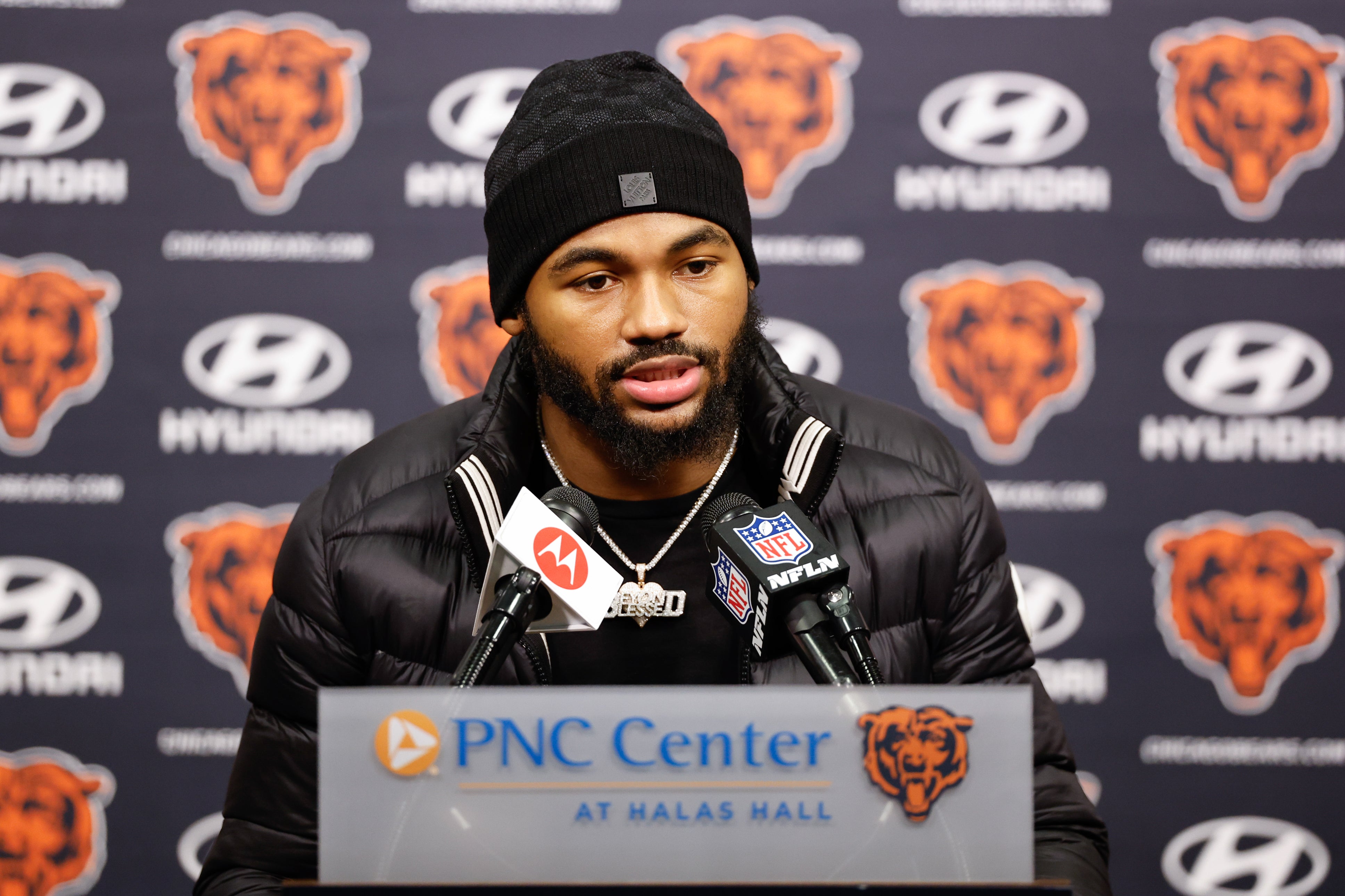 Mar 14, 2024; Lake Forest, IL, USA; Chicago Bears running back D'Andre Swift speaks during a press conference at Halas Hall.