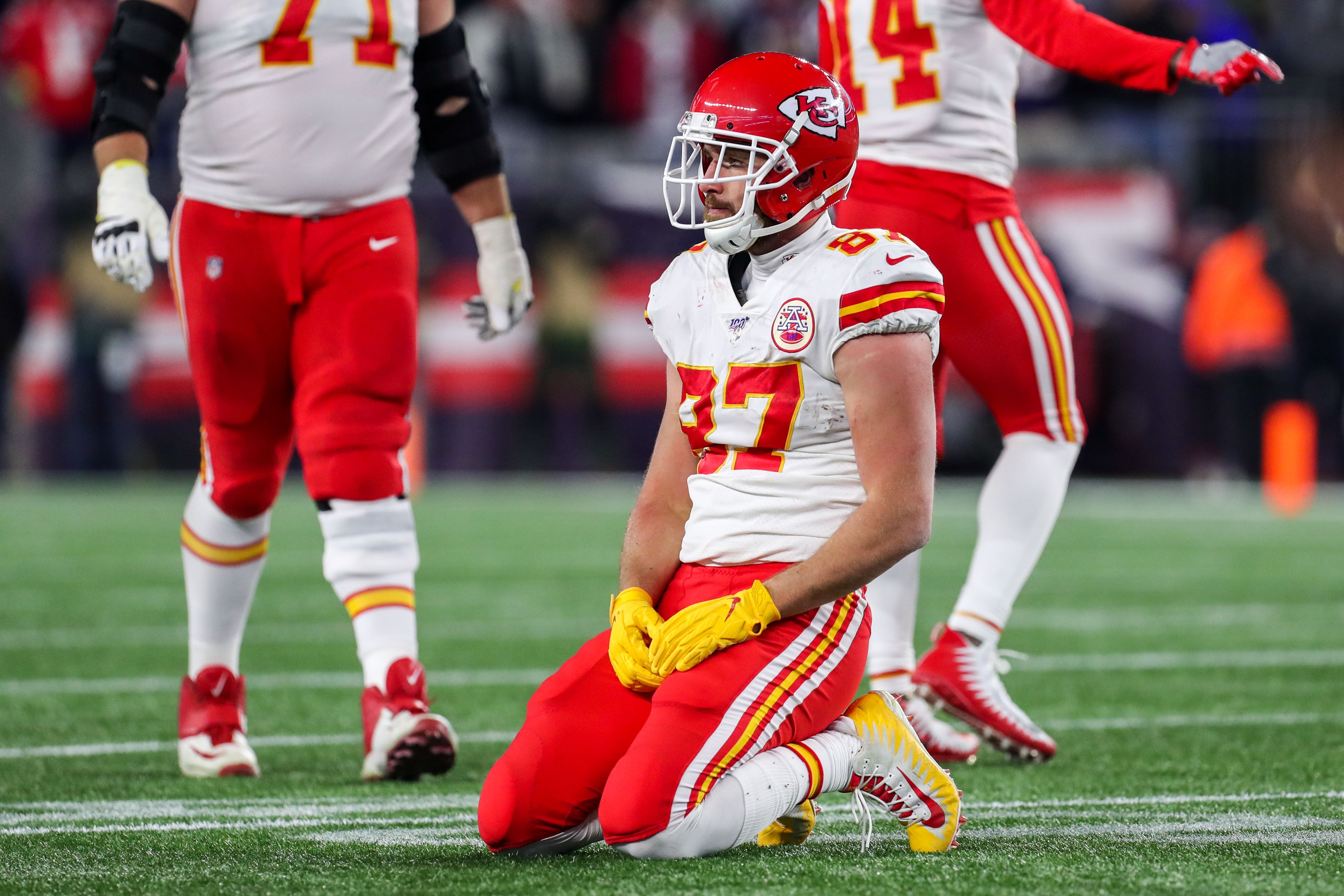 Dec 8, 2019; Foxborough, MA, USA; Kansas City Chiefs tight end Travis Kelce (87) reacts after fumbling the ball during the second half at Gillette Stadium.