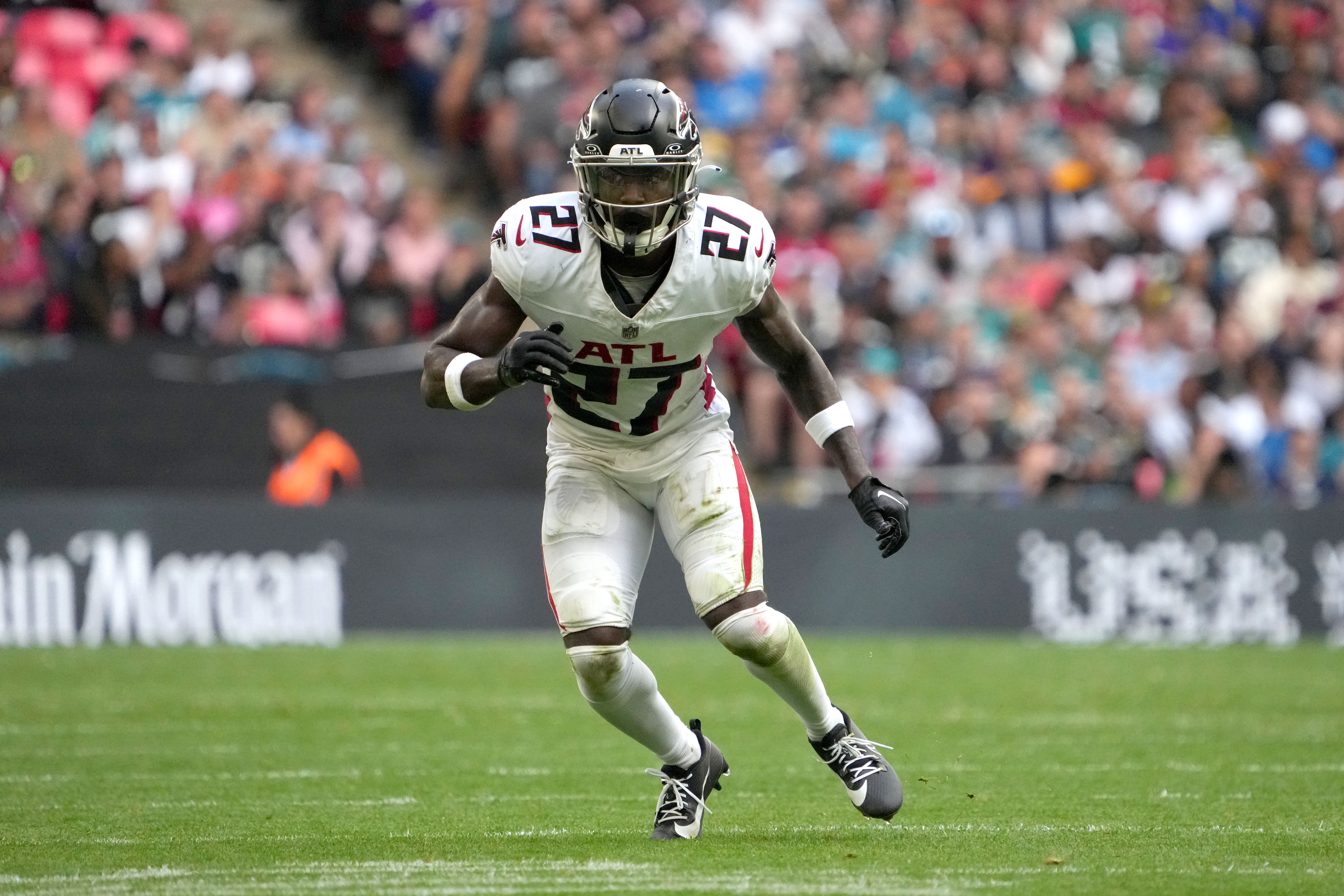Atlanta Falcons safety Richie Grant (27) against the Jacksonville Jaguars in the first half during an NFL International Series game at Wembley Stadium.