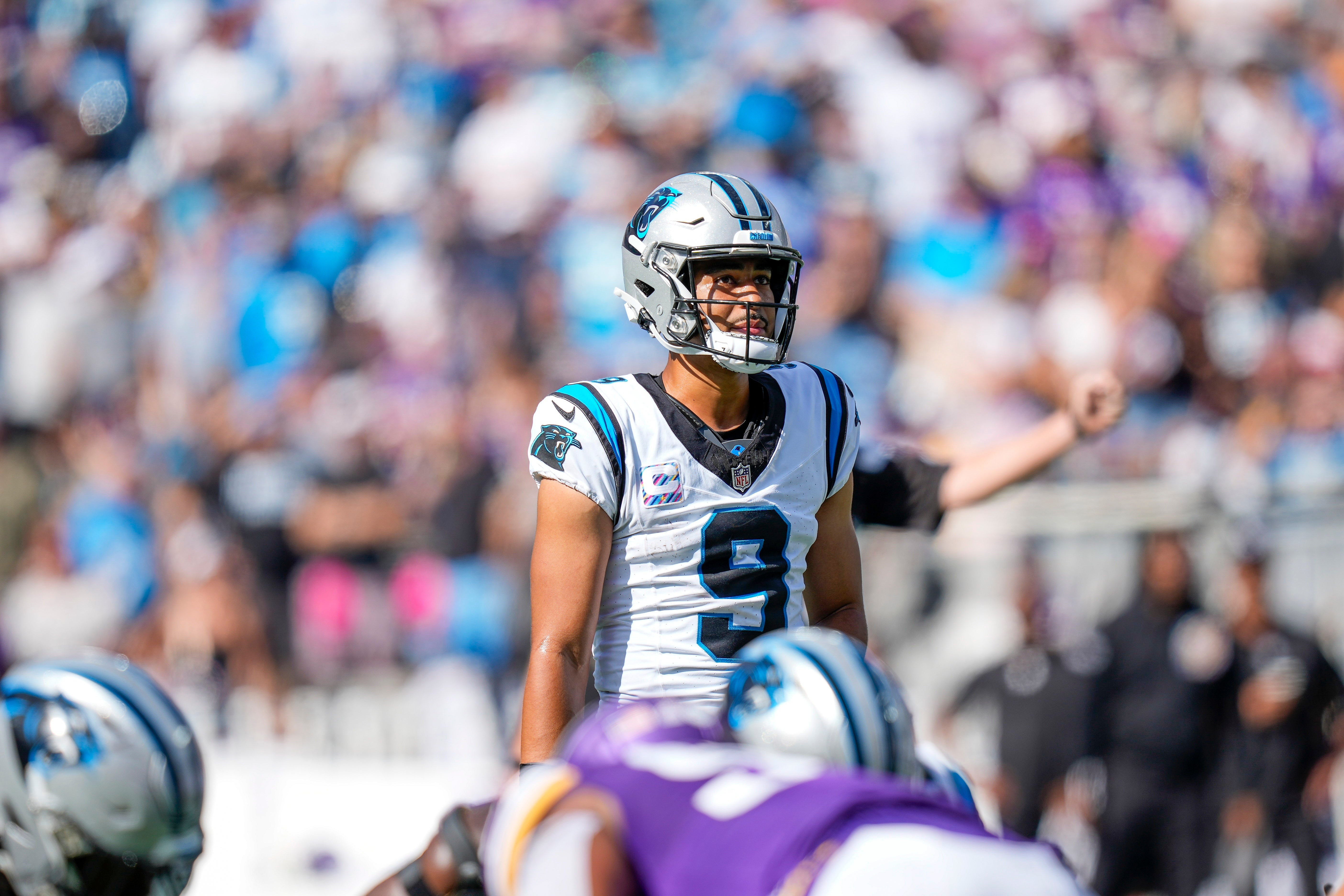 Oct 1, 2023; Charlotte, North Carolina, USA; Carolina Panthers quarterback Bryce Young (9) looks over the defensive set during the second half against the Minnesota Vikings at Bank of America Stadium. Mandatory Credit: Jim Dedmon-USA TODAY Sports
