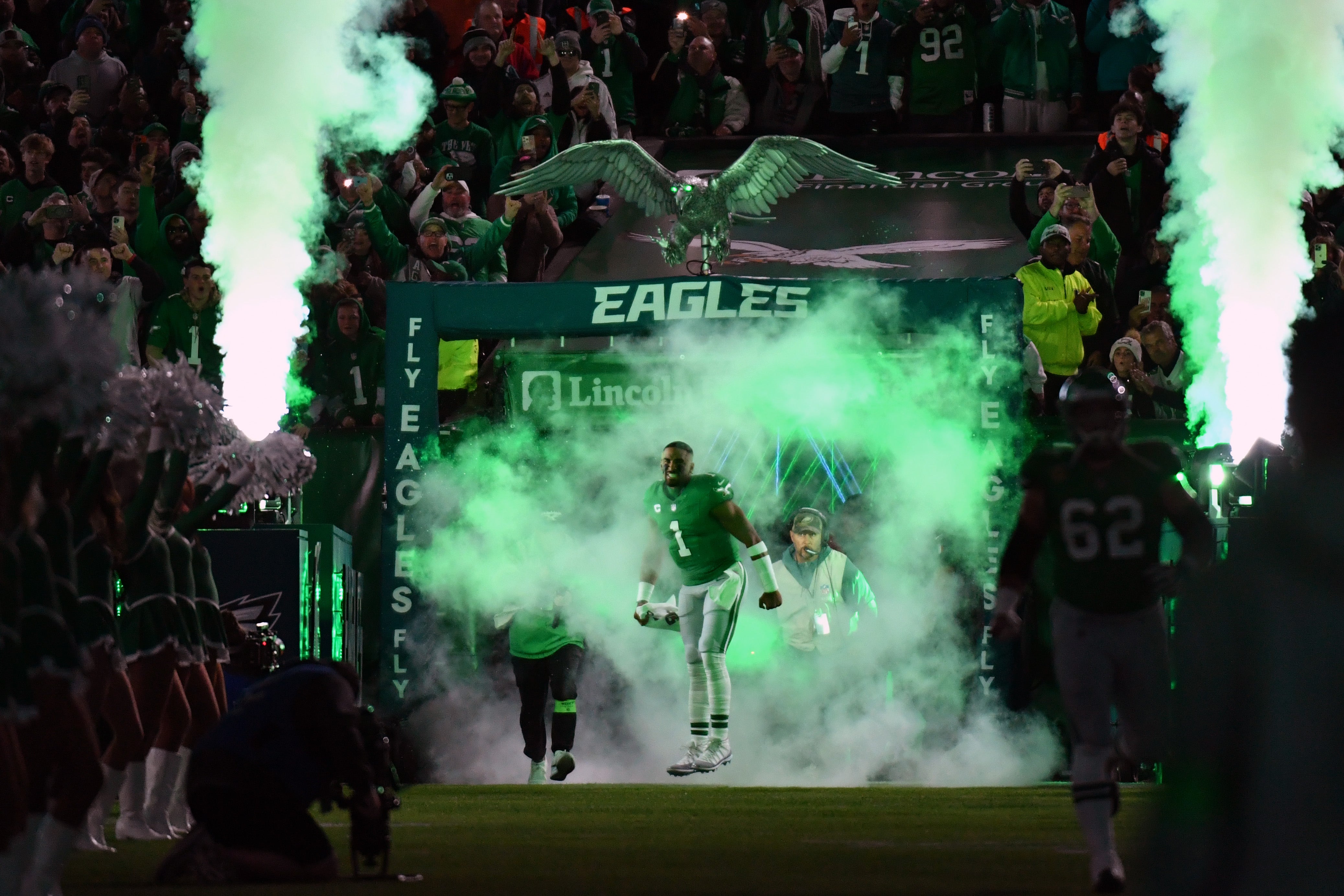 Philadelphia Eagles quarterback Jalen Hurts (1) during player introductions against the Miami Dolphins at Lincoln Financial Field.