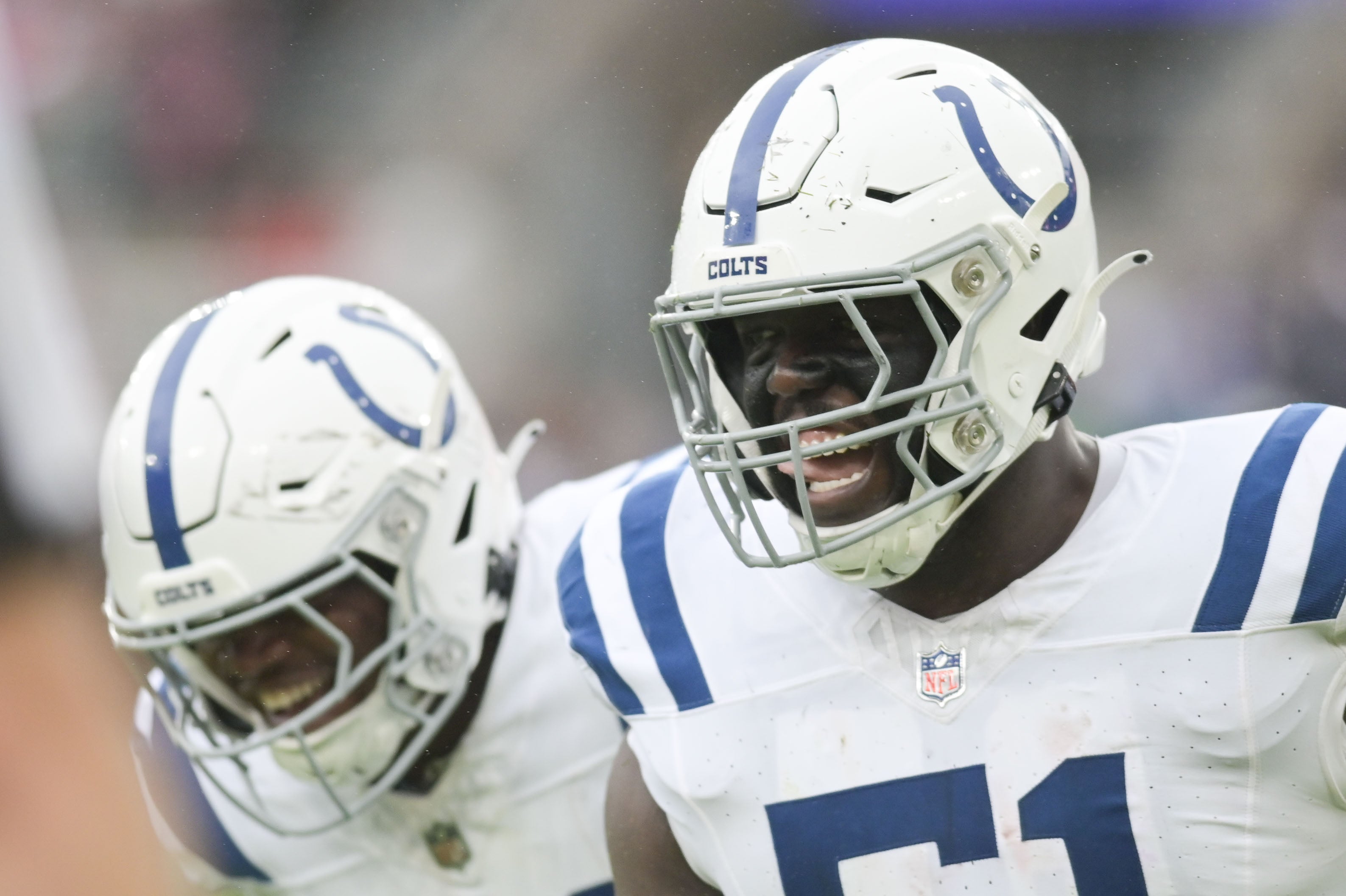 Sep 24, 2023; Baltimore, Maryland, USA; Indianapolis Colts defensive end Kwity Paye (51) reacts after sacking Baltimore Ravens quarterback Lamar Jackson (8) during the first half at M&T Bank Stadium.