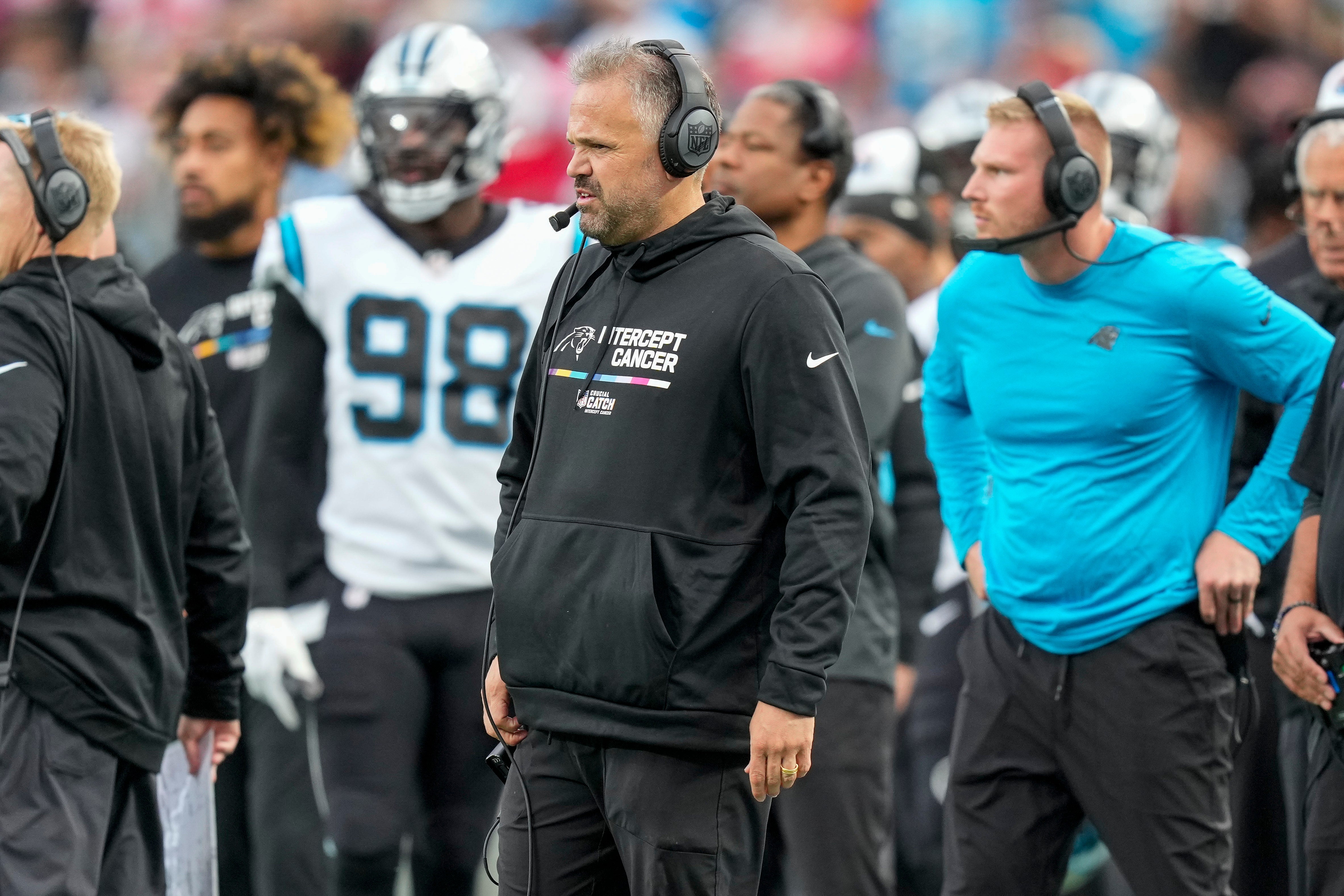 Oct 9, 2022; Charlotte, North Carolina, USA; Carolina Panthers head coach Matt Rhule during the second half against the San Francisco 49ers at Bank of America Stadium. Mandatory Credit: Jim Dedmon-USA TODAY Sports