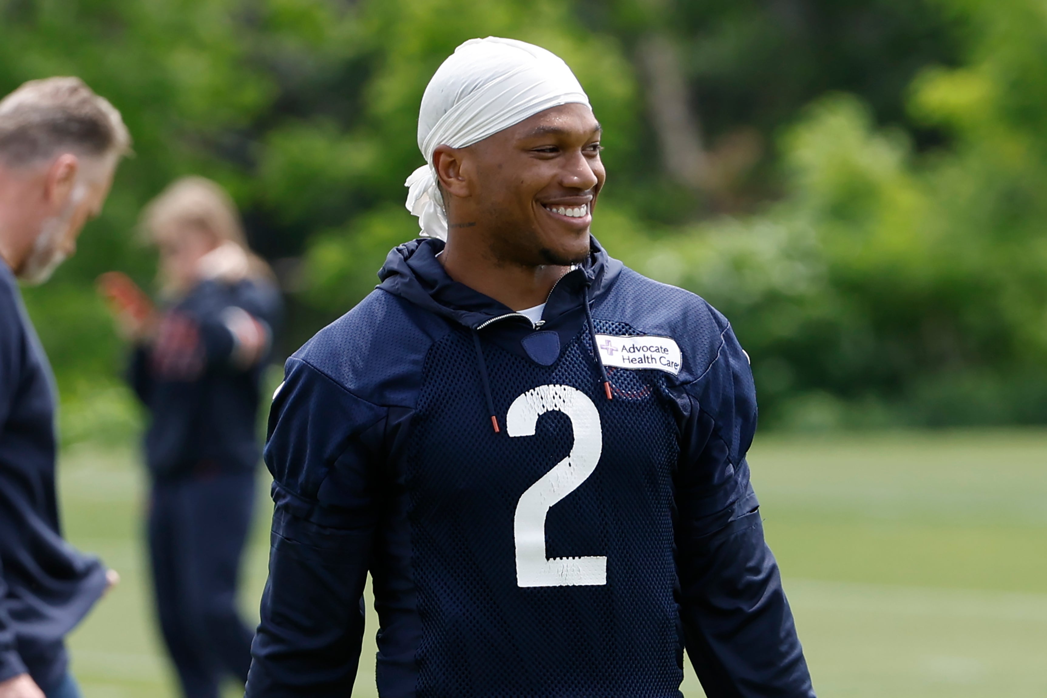 Jun 5, 2024; Lake Forest, IL, USA; Chicago Bears wide receiver DJ Moore (2) smiles during the team's minicamp at Halas Hall.