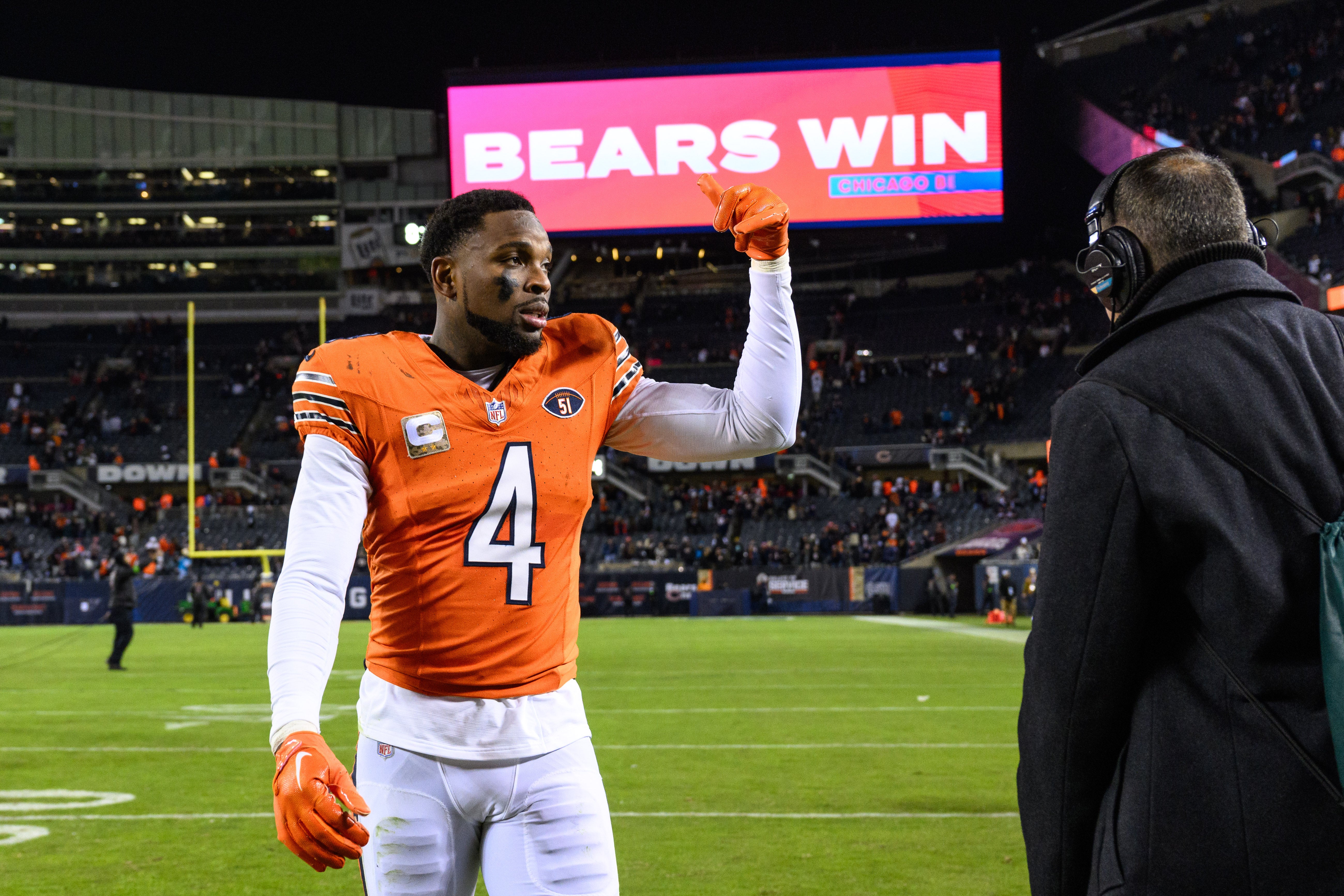Nov 9, 2023; Chicago, Illinois, USA; Chicago Bears defensive back Eddie Jackson (4) walks off the field after a game against the Carolina Panthers at Soldier Field.