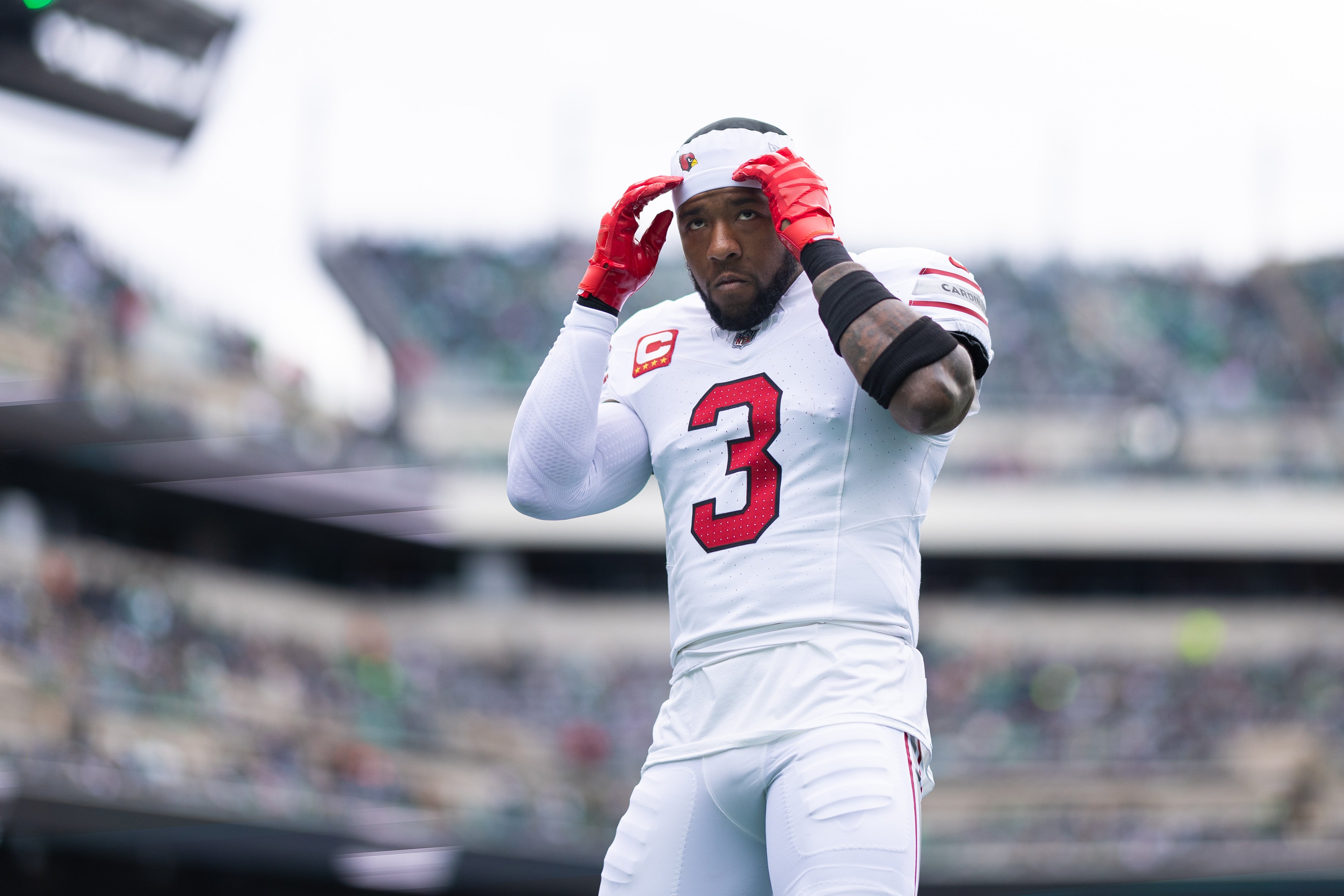 Dec 31, 2023; Philadelphia, Pennsylvania, USA; Arizona Cardinals safety Budda Baker (3) before action against the Philadelphia Eagles at Lincoln Financial Field. Mandatory Credit: Bill Streicher-USA TODAY Sports